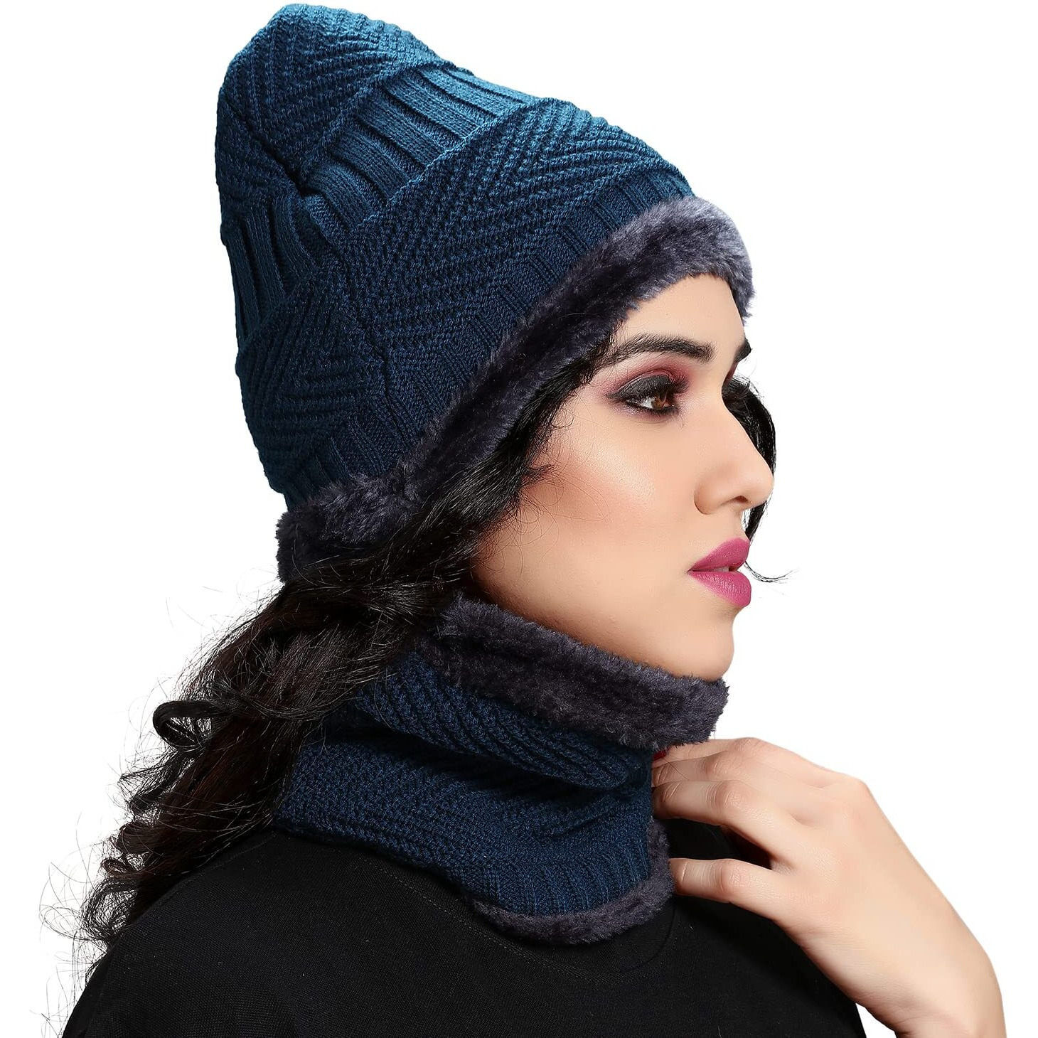 Sidhidata Textile Womens Fashion Winter wear Neck & Hat Warm Beanies Soft Fur Inside Knitted Hats and Cap combo (Free Size_Blue)