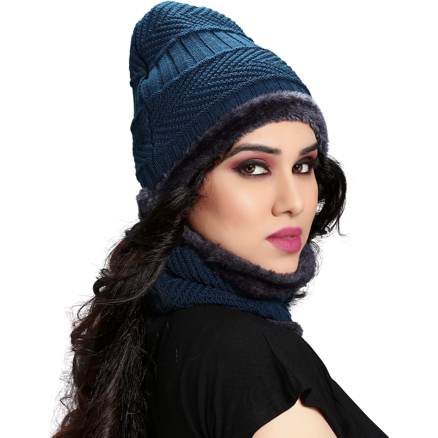 Sidhidata Textile Womens Fashion Winter wear Neck & Hat Warm Beanies Soft Fur Inside Knitted Hats and Cap combo (Free Size_Blue)