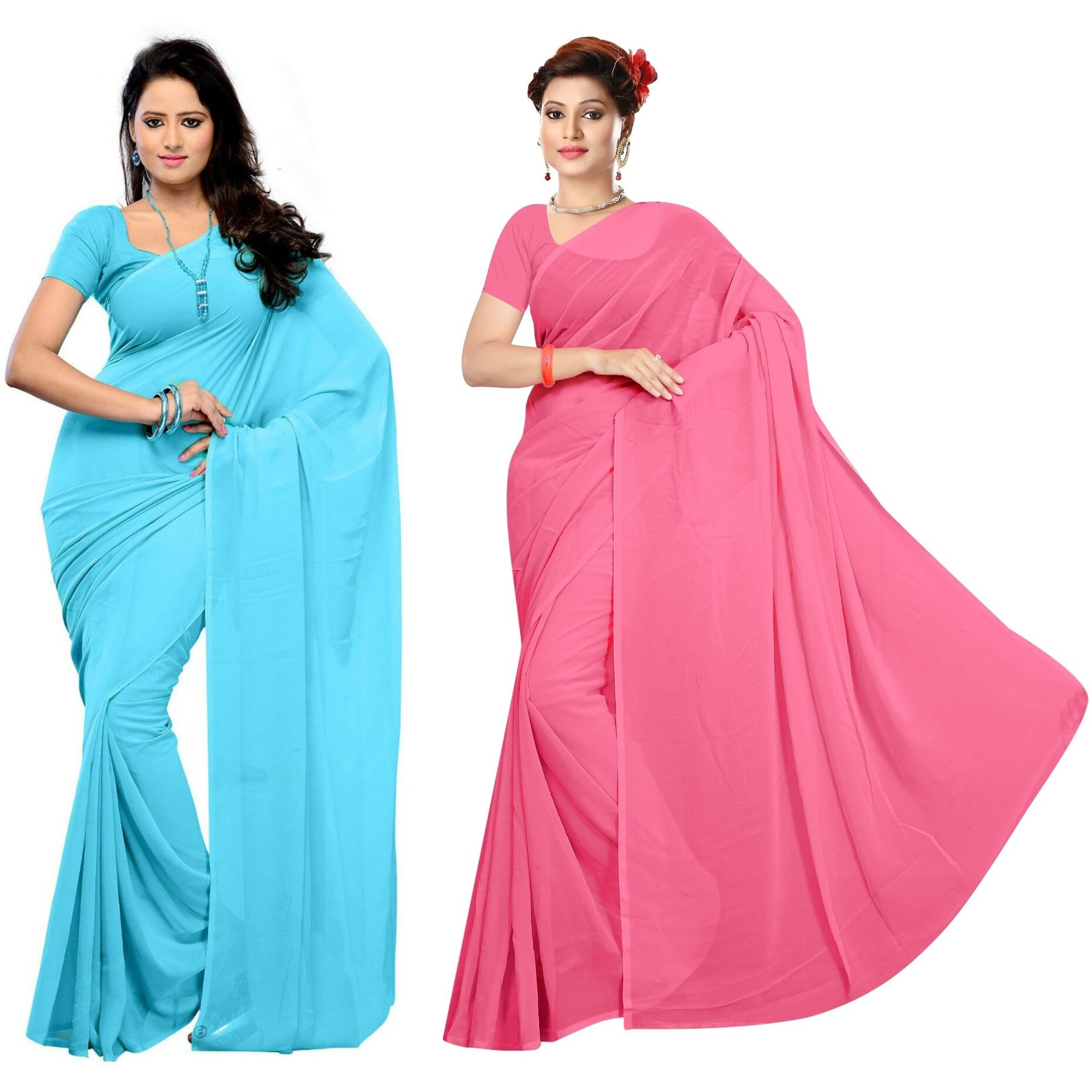 Sidhidata Womens Pure Georgette Saree With Blouse Piece (Pack of 2) (combo plain 719-701_Sky Blue & Baby Pink), Free Size