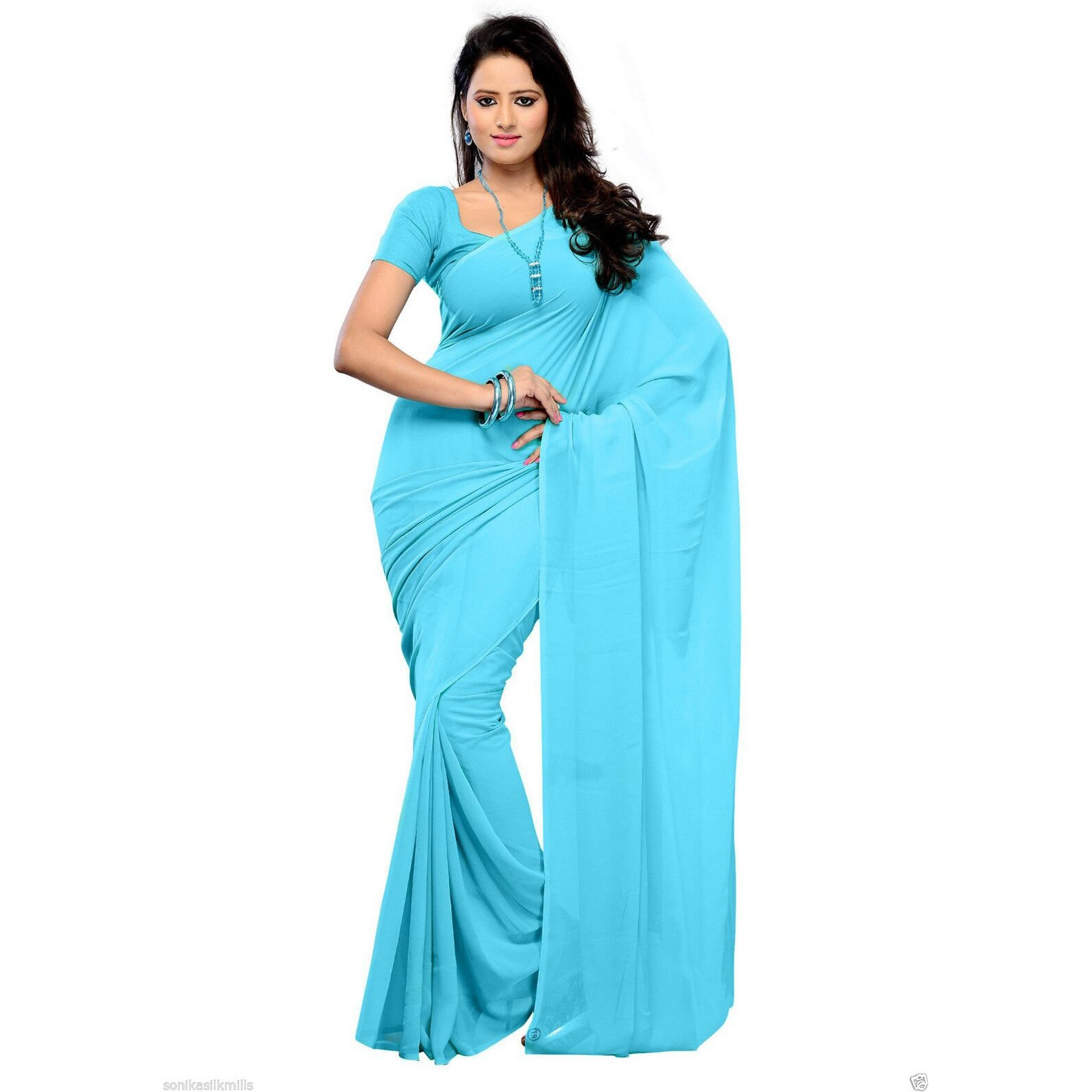 Sidhidata Womens Pure Georgette Saree With Blouse Piece (Pack of 2) (combo plain 719-701_Sky Blue & Baby Pink), Free Size