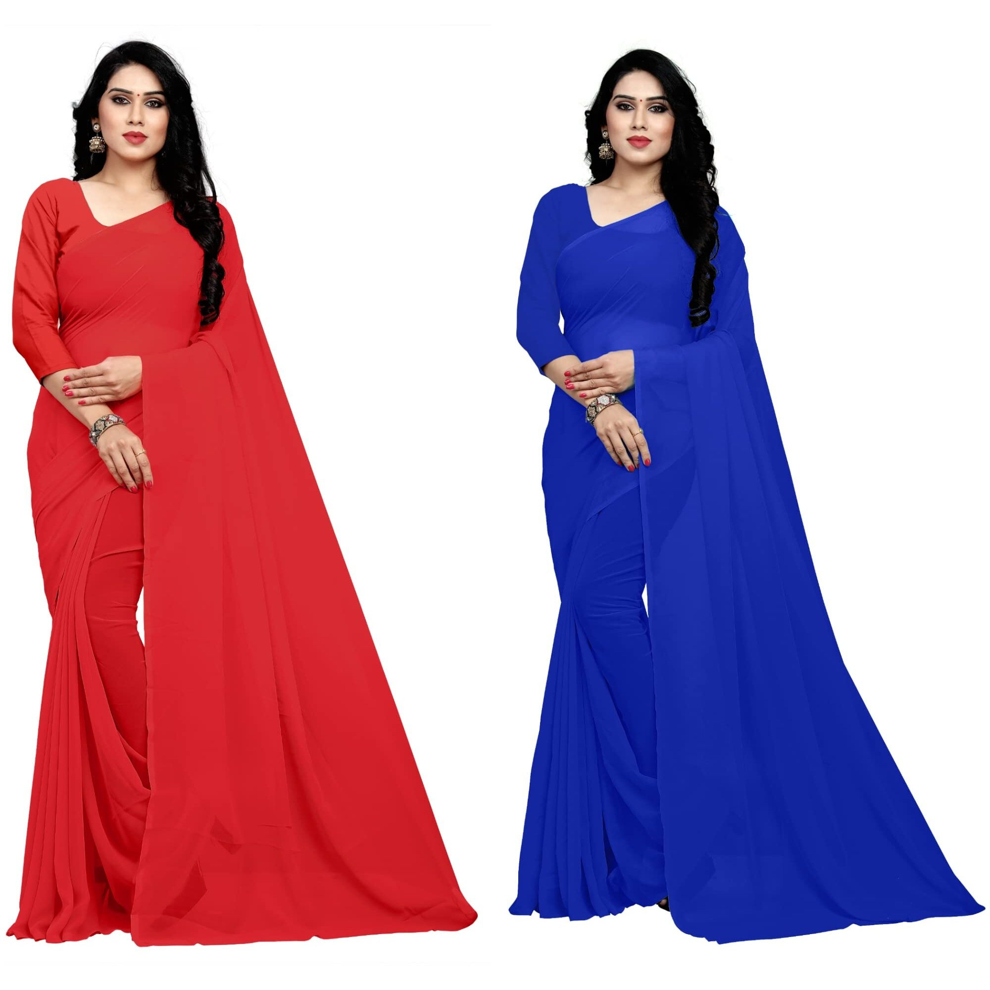 Sidhidata Textile Combo of 2 Womens plain Solid pure Georgette Saree With Unstitched Blouse Piece (Pack of Two) (Combo plain red-royal blue_Red & royal blue_Free Size)