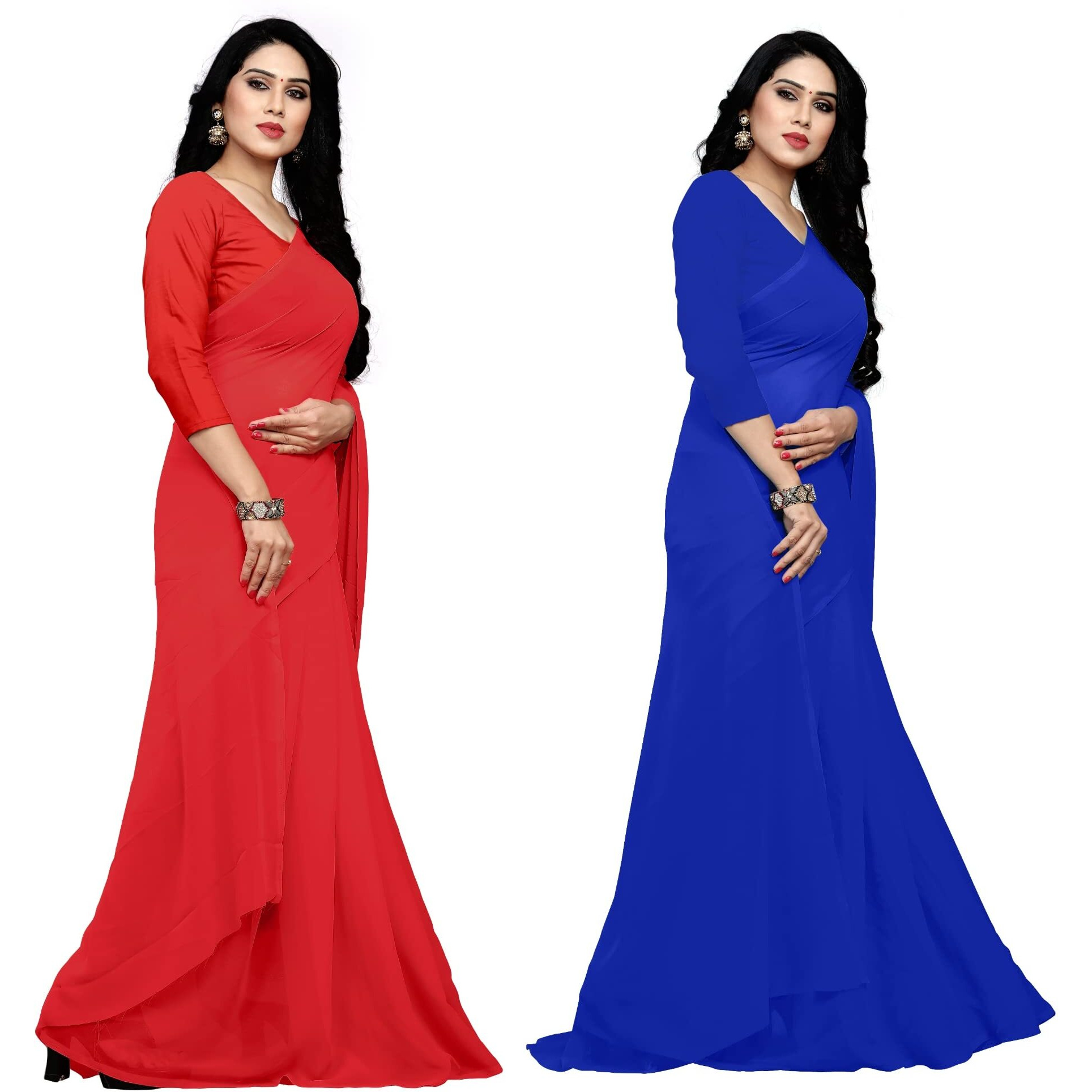 Sidhidata Textile Combo of 2 Womens plain Solid pure Georgette Saree With Unstitched Blouse Piece (Pack of Two) (Combo plain red-royal blue_Red & royal blue_Free Size)