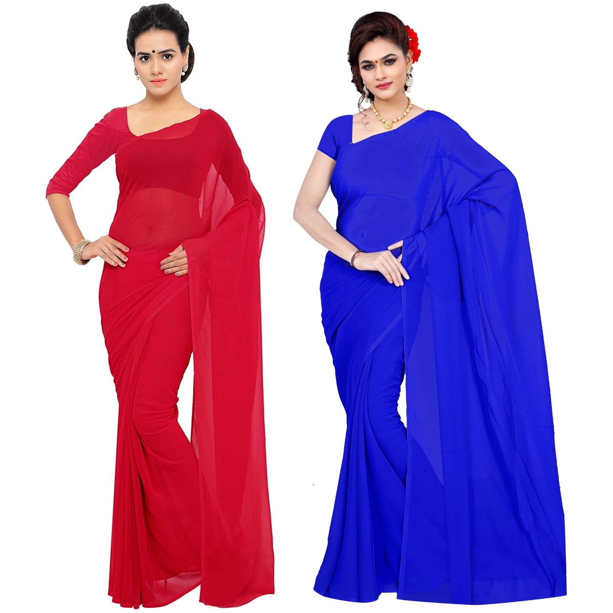 Sidhidata Textile Combo of 2 Womens plain Solid pure Georgette Saree With Unstitched Blouse Piece (Pack of Two) (Combo plain red-royal blue_Red & royal blue_Free Size)