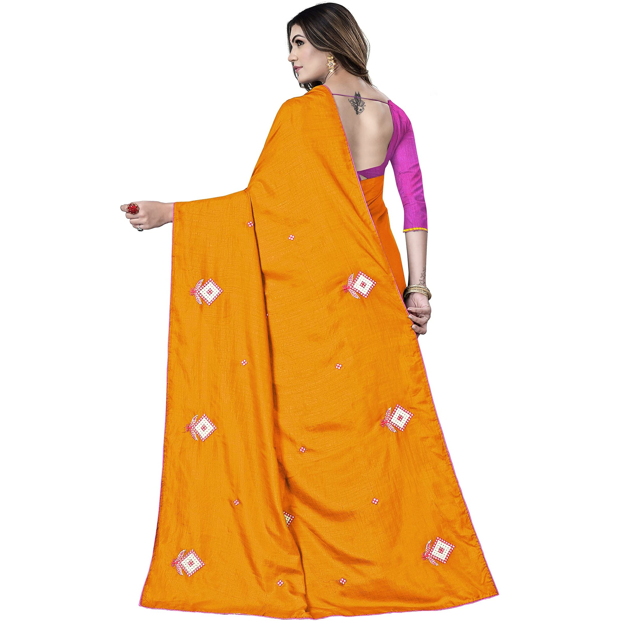 Sidhidata Womens Dola Silk Embroidered Saree With Unstitched Blouse Piece (Gold)