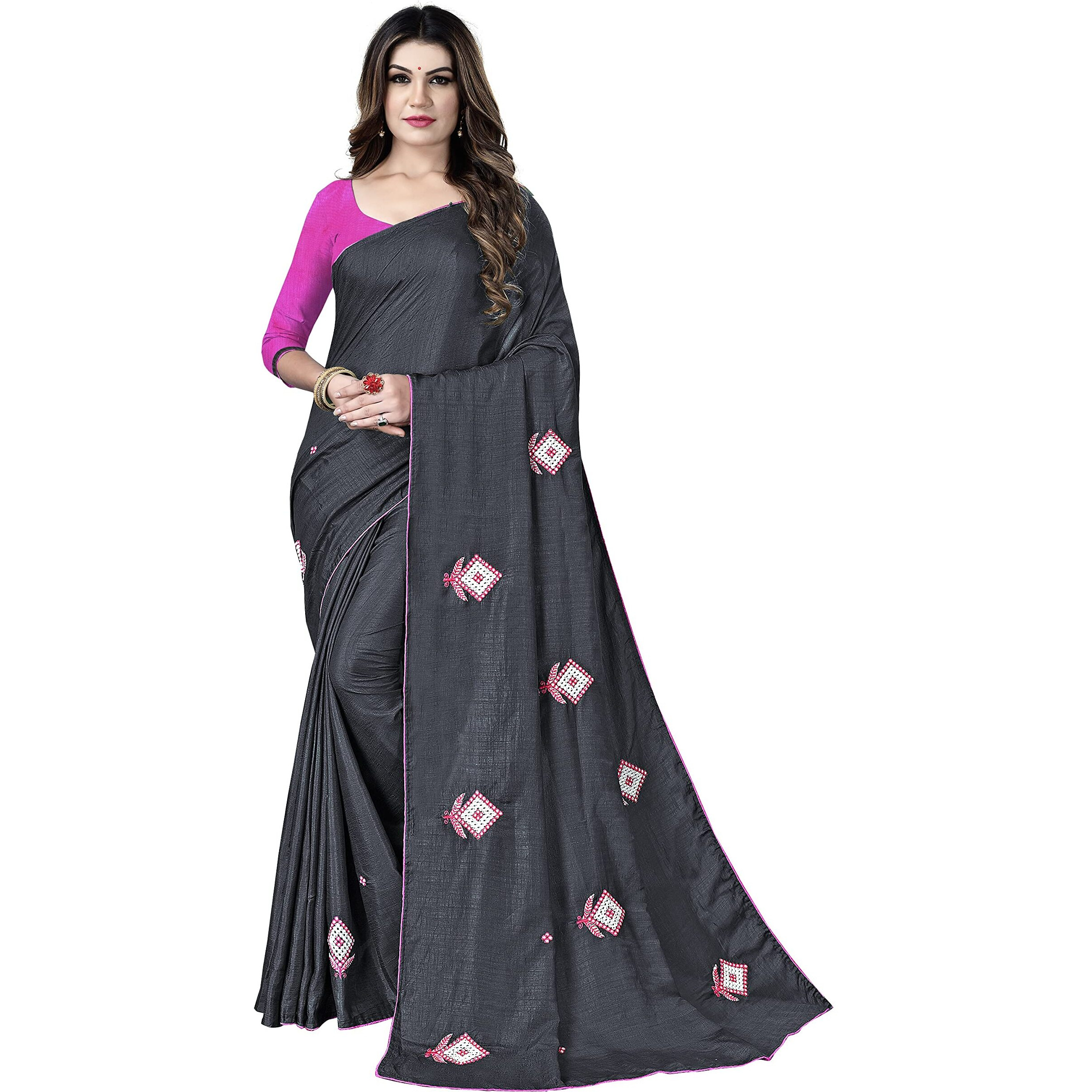 Sidhidata Womens Dola Silk Embroidered Saree With Unstitched Blouse Piece (Dark Grey)