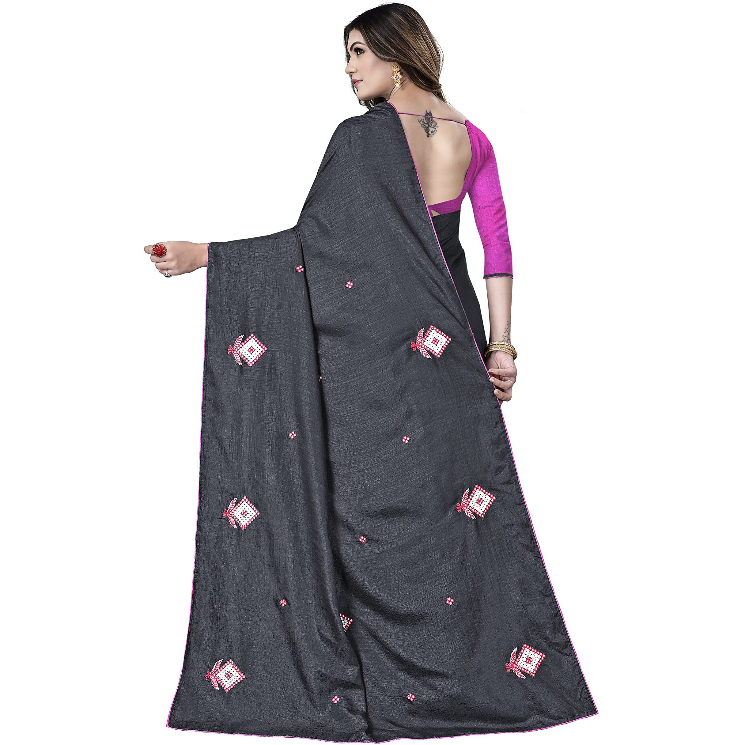 Sidhidata Womens Dola Silk Embroidered Saree With Unstitched Blouse Piece (Dark Grey)