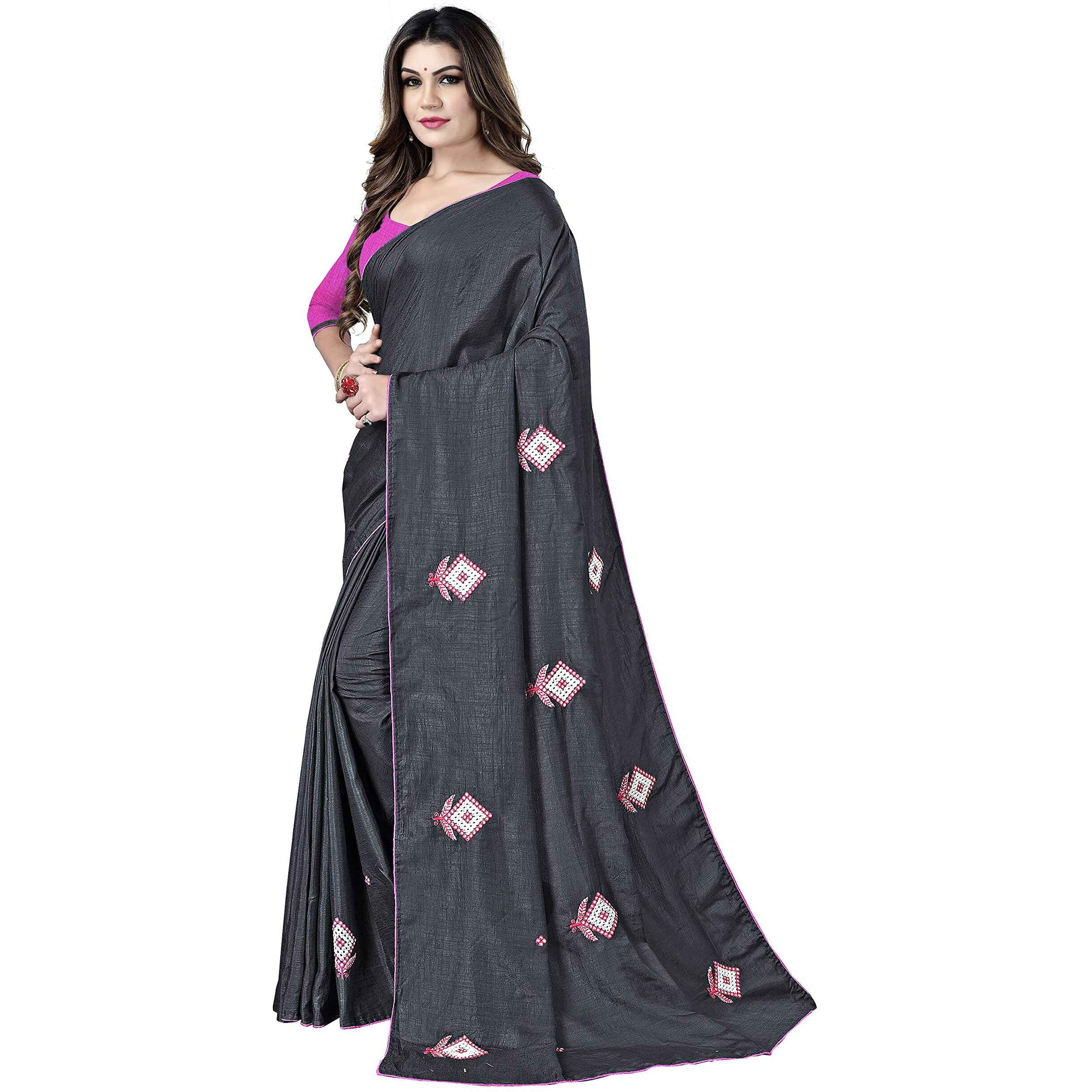 Sidhidata Womens Dola Silk Embroidered Saree With Unstitched Blouse Piece (Dark Grey)