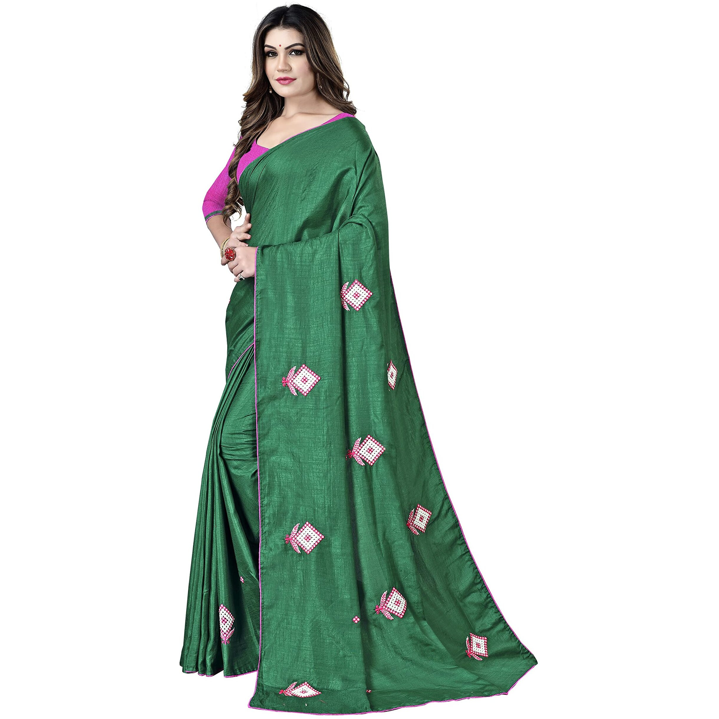Sidhidata Womens Dola Silk Embroidered Saree With Unstitched Blouse Piece (Bottle Green)