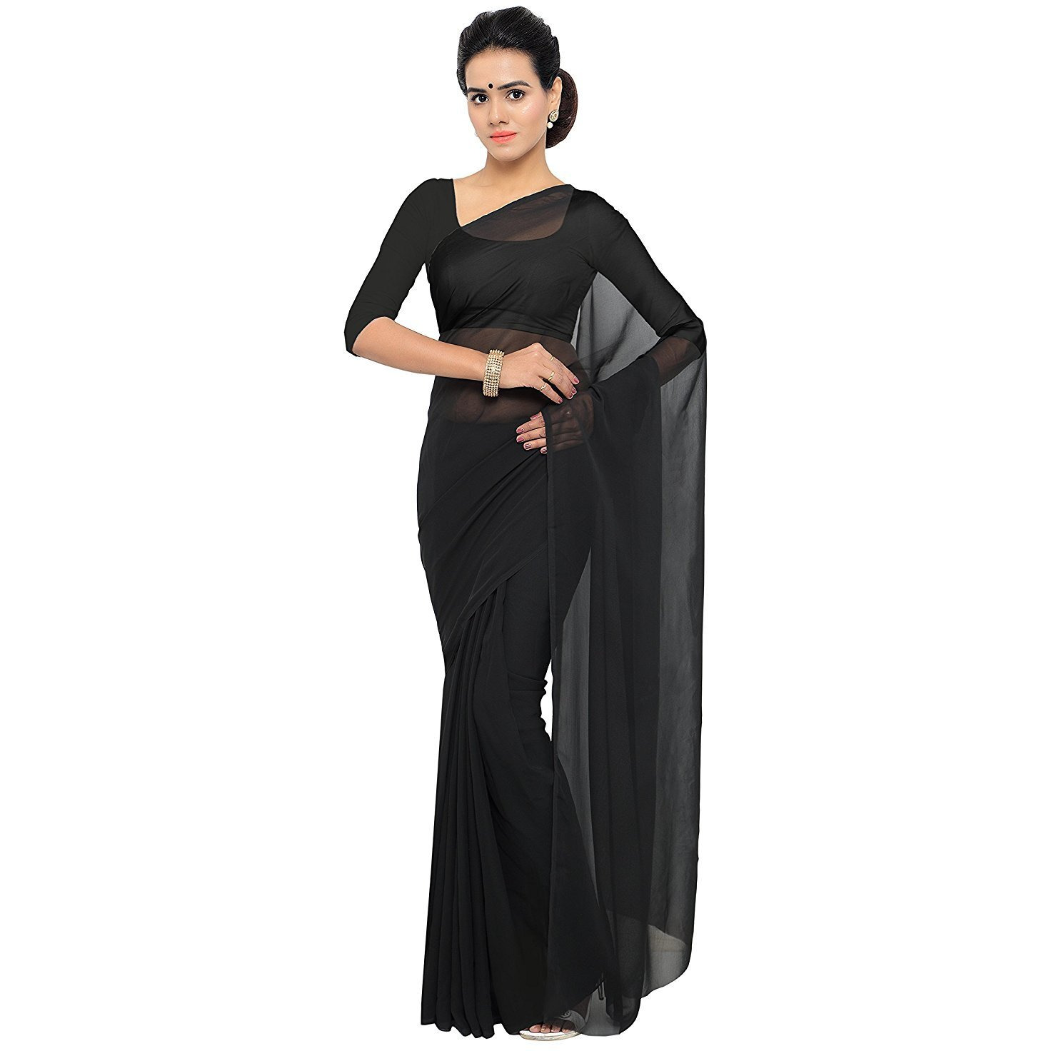 Sidhidata Textile Combo of 2 Womens Plain Solid Pure Georgette Saree with Unstitched Blouse Piece (Pack of Two) (Combo Plain Black-Coffee_Black & Coffee_Free Size)