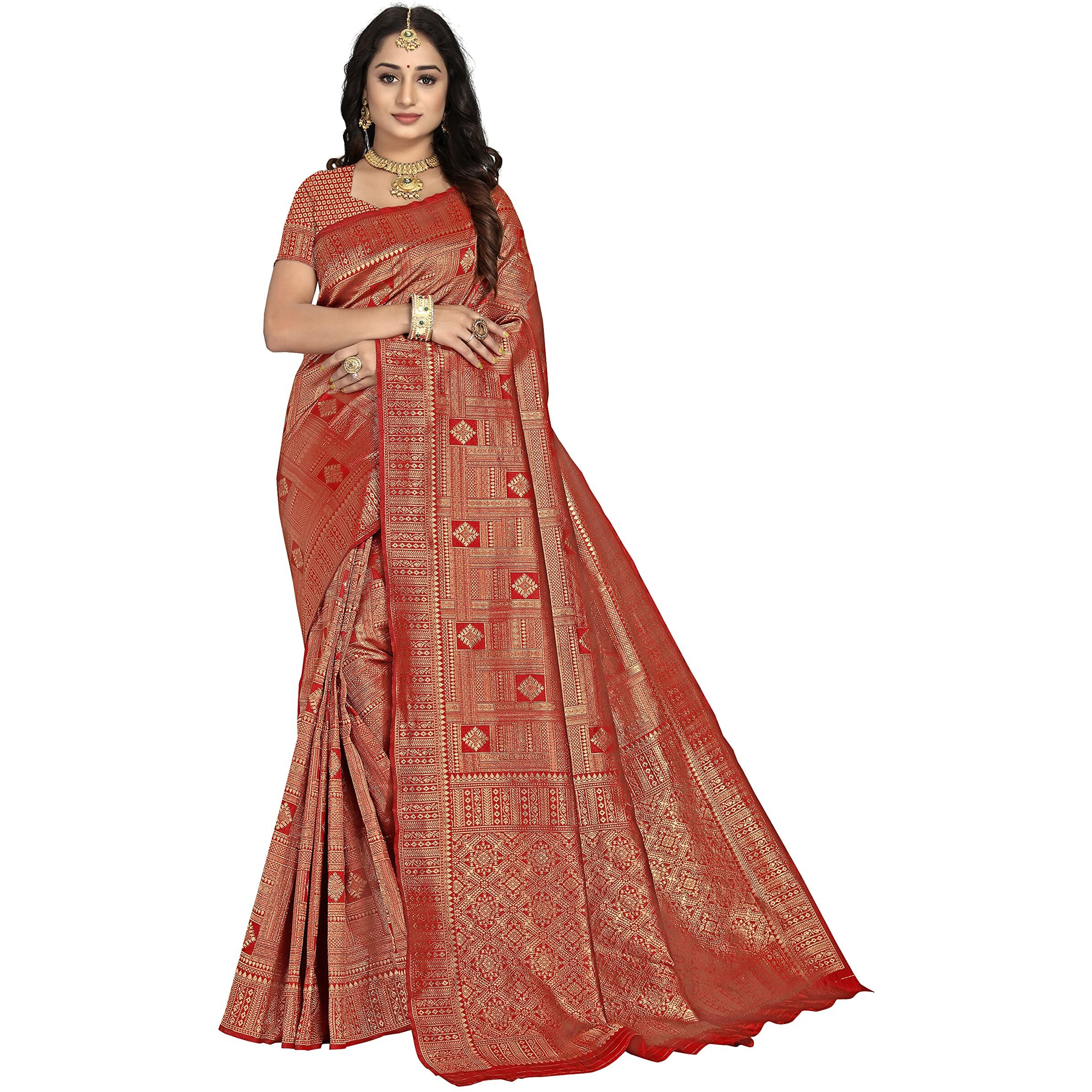 Sidhidata Womens Banarasi Jacquard Copper Zari Silk Saree With Unstitched Blouse Piece(Free Size) (C Red)