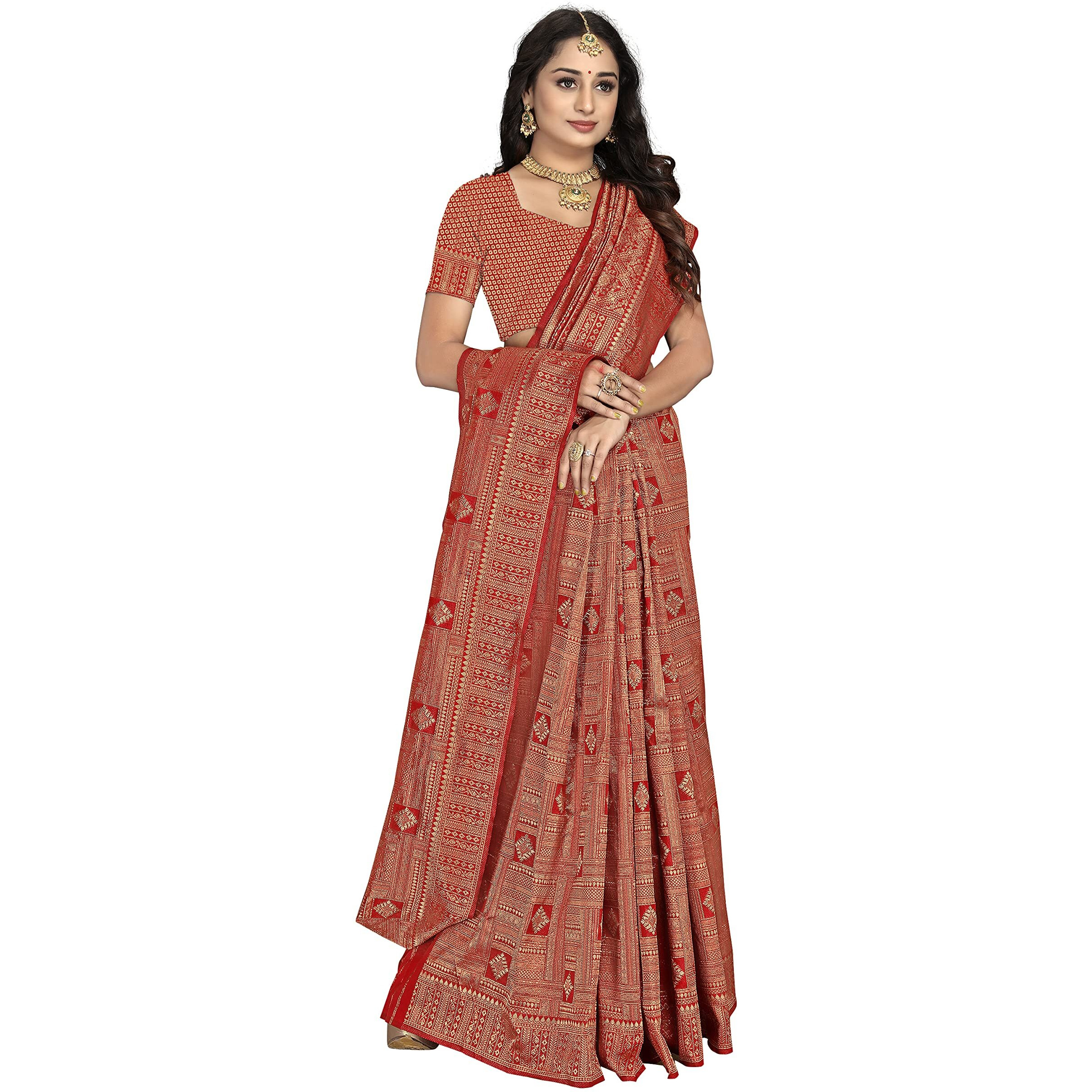 Sidhidata Womens Banarasi Jacquard Copper Zari Silk Saree With Unstitched Blouse Piece(Free Size) (C Red)