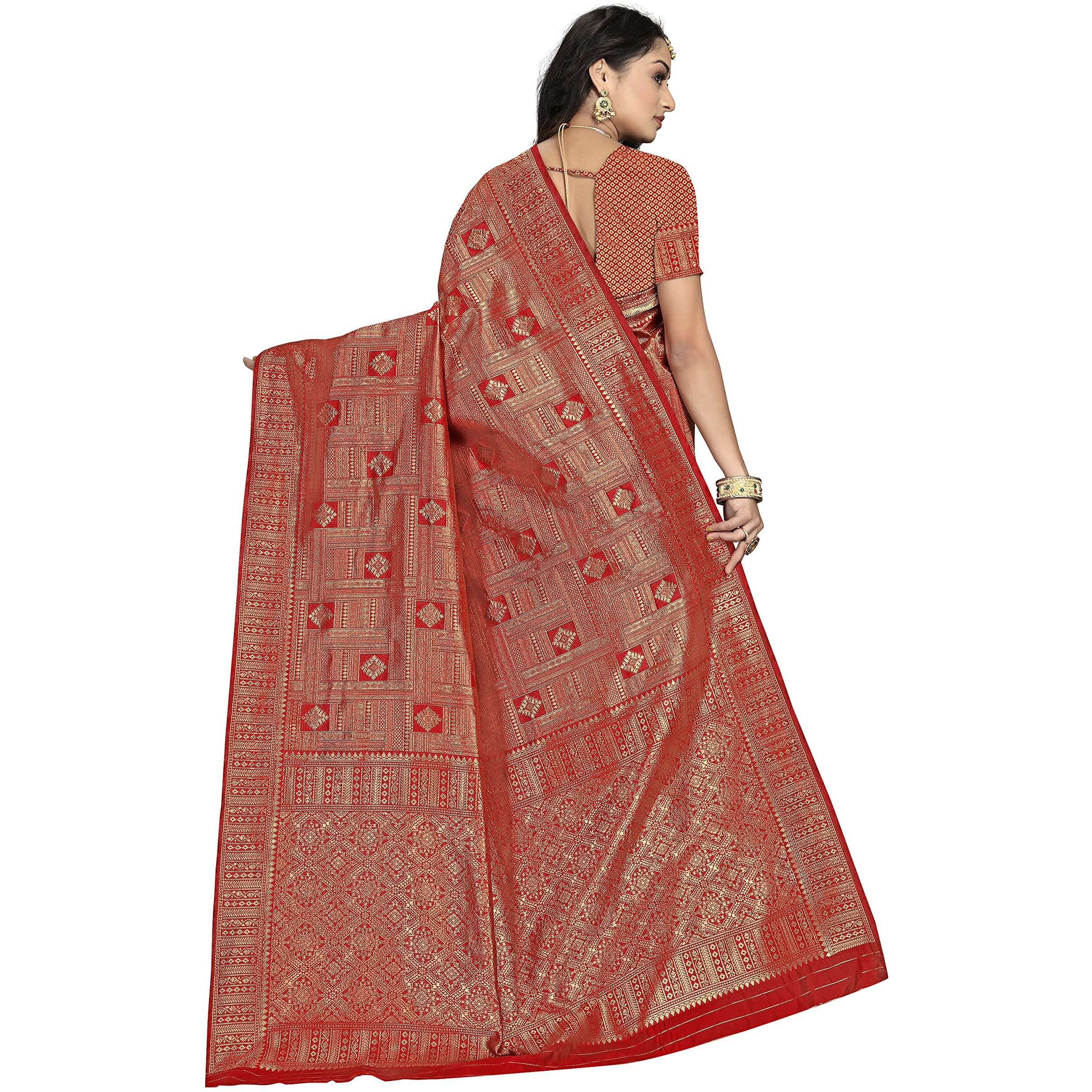 Sidhidata Womens Banarasi Jacquard Copper Zari Silk Saree With Unstitched Blouse Piece(Free Size) (C Red)