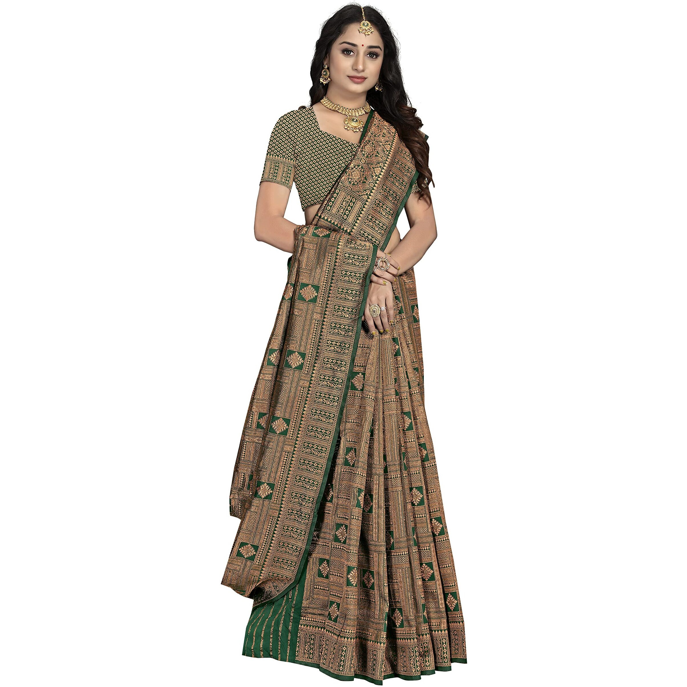 Sidhidata Womens Banarasi Jacquard Copper Zari Silk Saree With Unstitched Blouse Piece(Free Size) (Bottle Green)