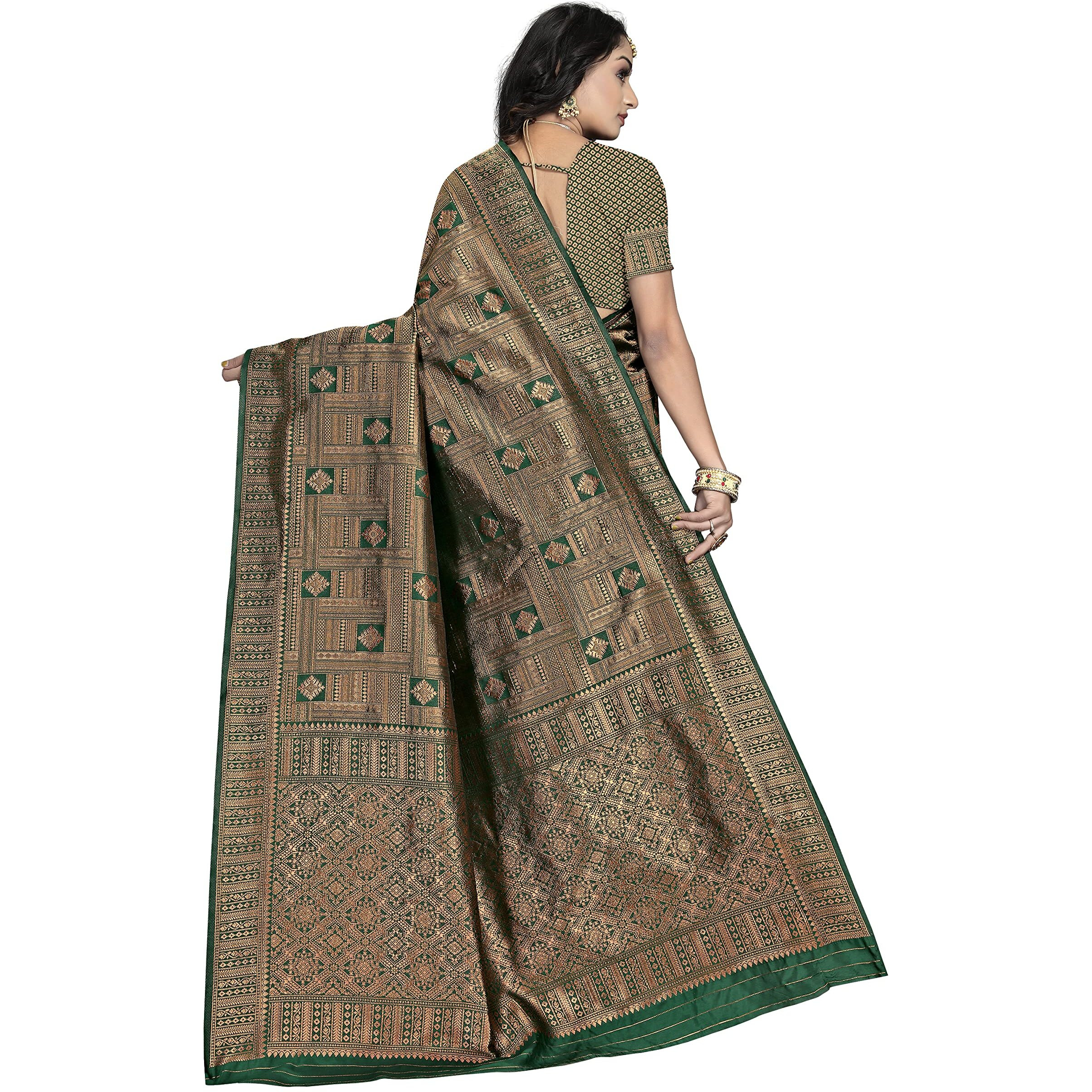 Sidhidata Womens Banarasi Jacquard Copper Zari Silk Saree With Unstitched Blouse Piece(Free Size) (Bottle Green)