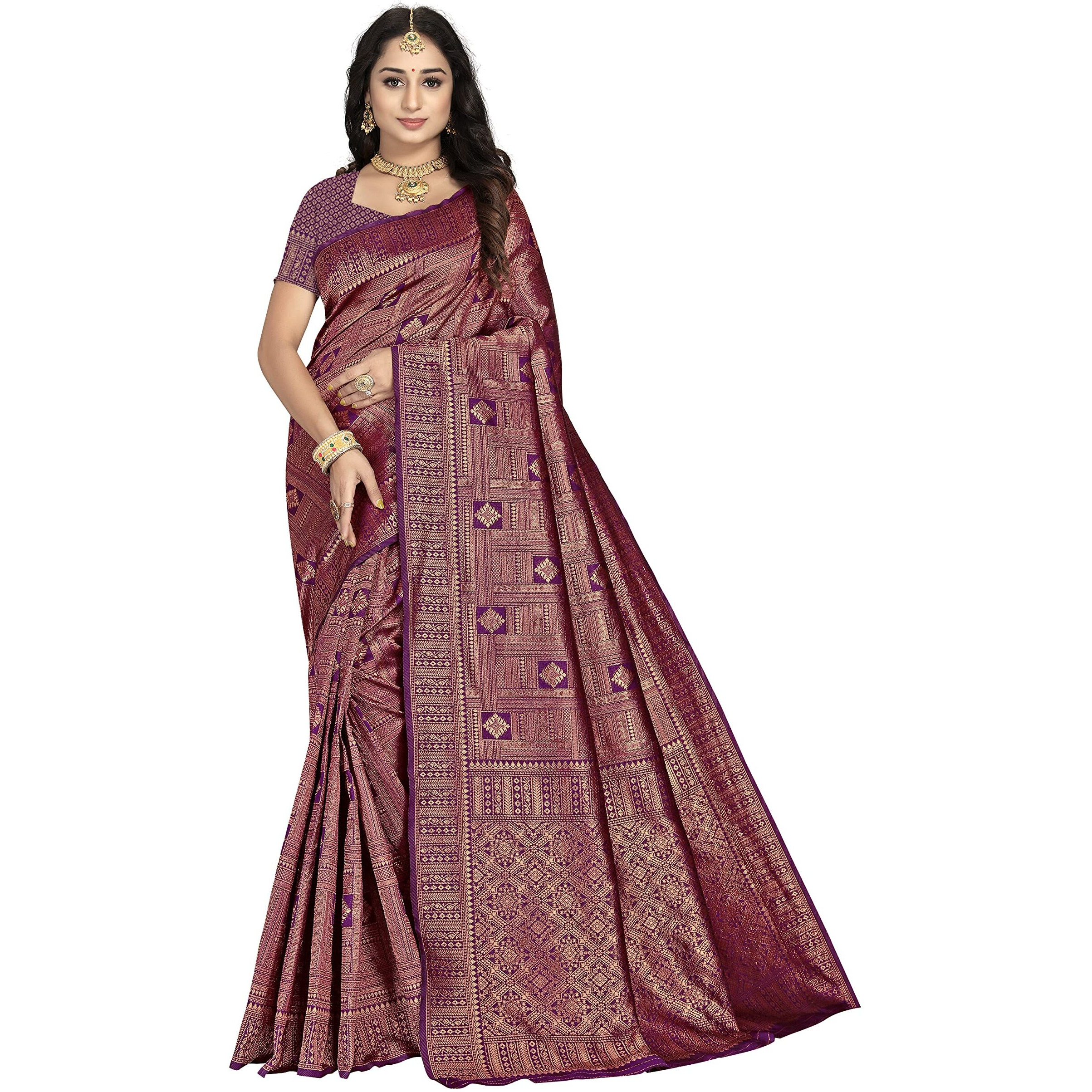 Sidhidata Womens Banarasi Jacquard Copper Zari Silk Saree With Unstitched Blouse Piece(Free Size) (D Jamli (Wine))