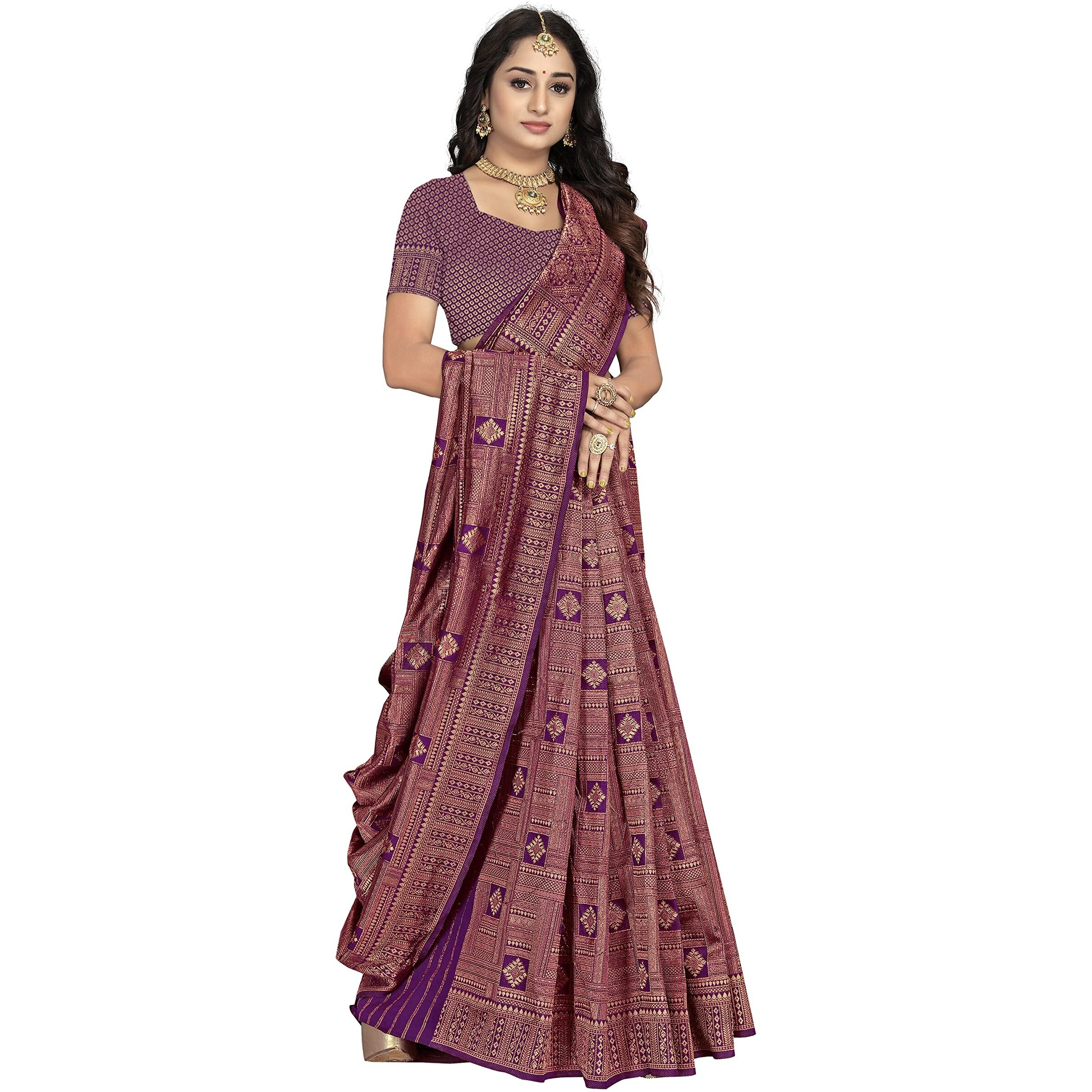 Sidhidata Womens Banarasi Jacquard Copper Zari Silk Saree With Unstitched Blouse Piece(Free Size) (D Jamli (Wine))
