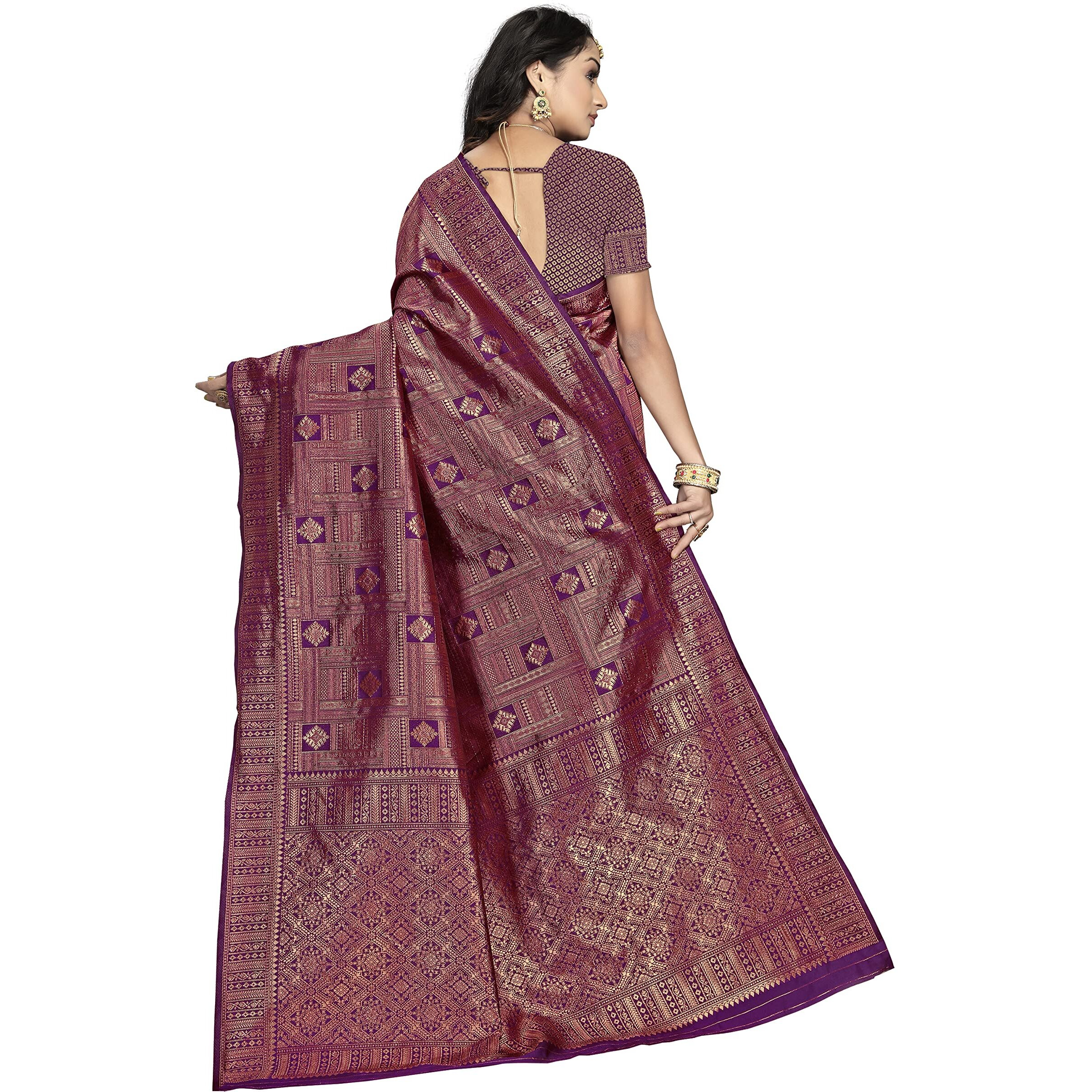 Sidhidata Womens Banarasi Jacquard Copper Zari Silk Saree With Unstitched Blouse Piece(Free Size) (D Jamli (Wine))