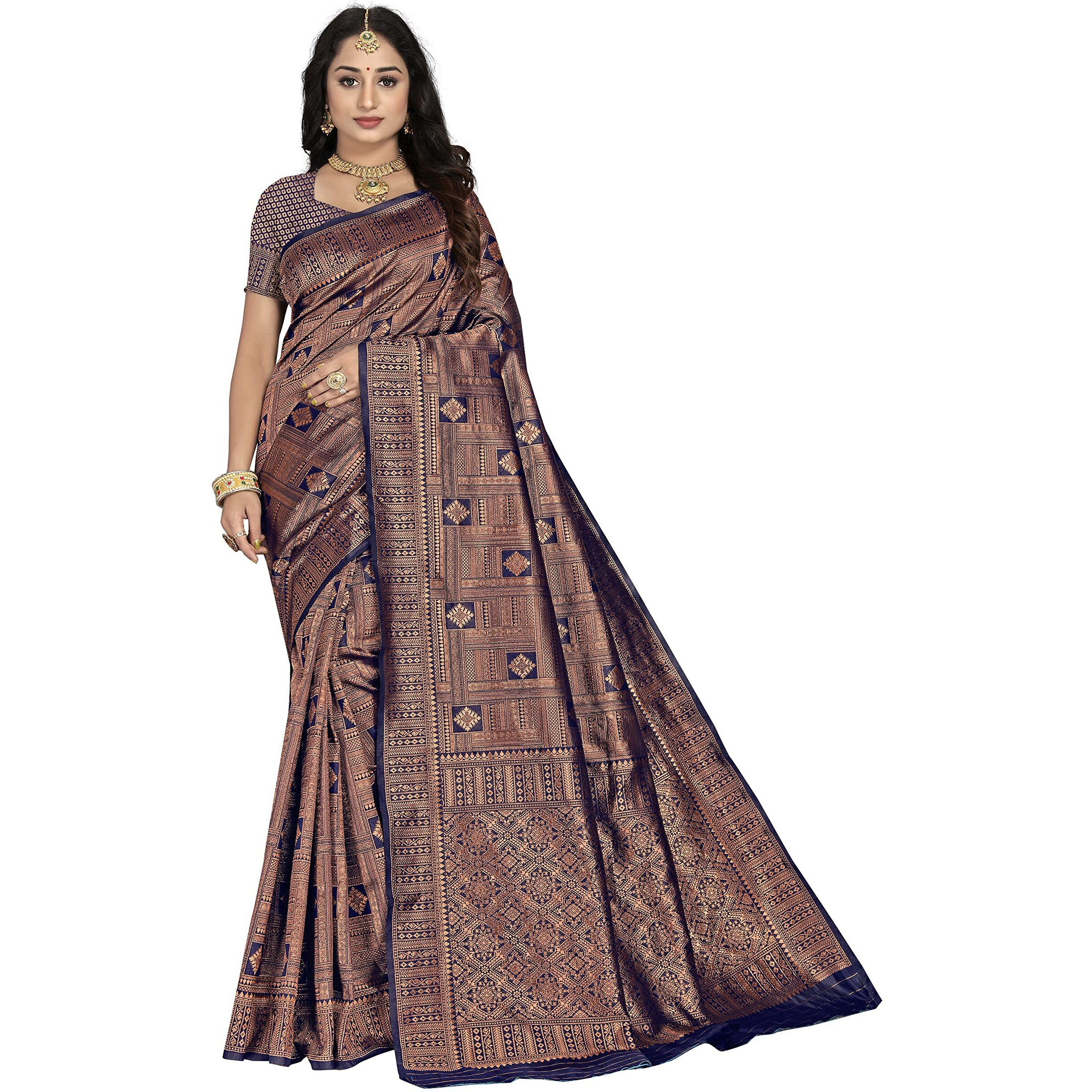 Sidhidata Womens Banarasi Jacquard Copper Zari Silk Saree With Unstitched Blouse Piece(Free Size) (Z Navy Blue)