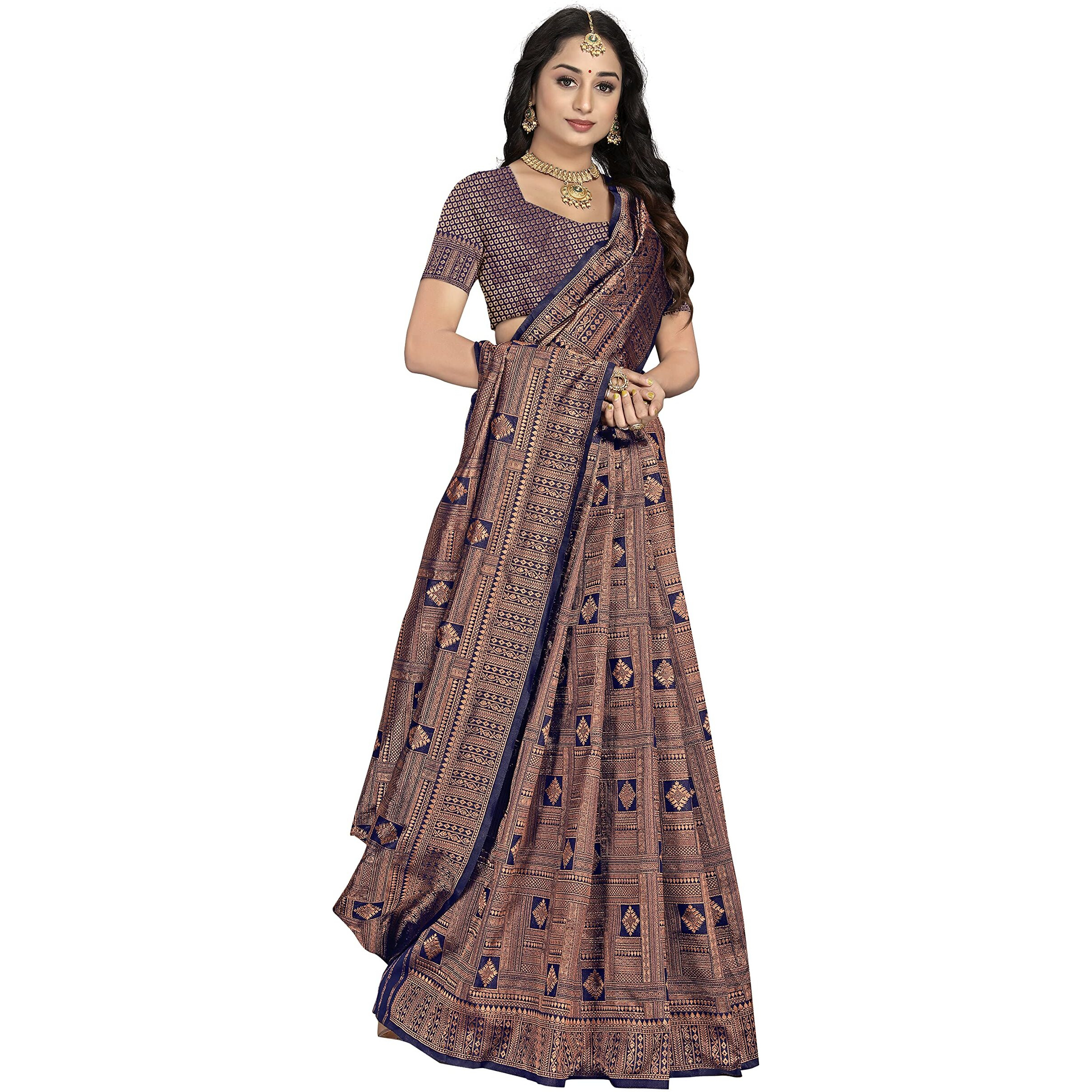 Sidhidata Womens Banarasi Jacquard Copper Zari Silk Saree With Unstitched Blouse Piece(Free Size) (Z Navy Blue)