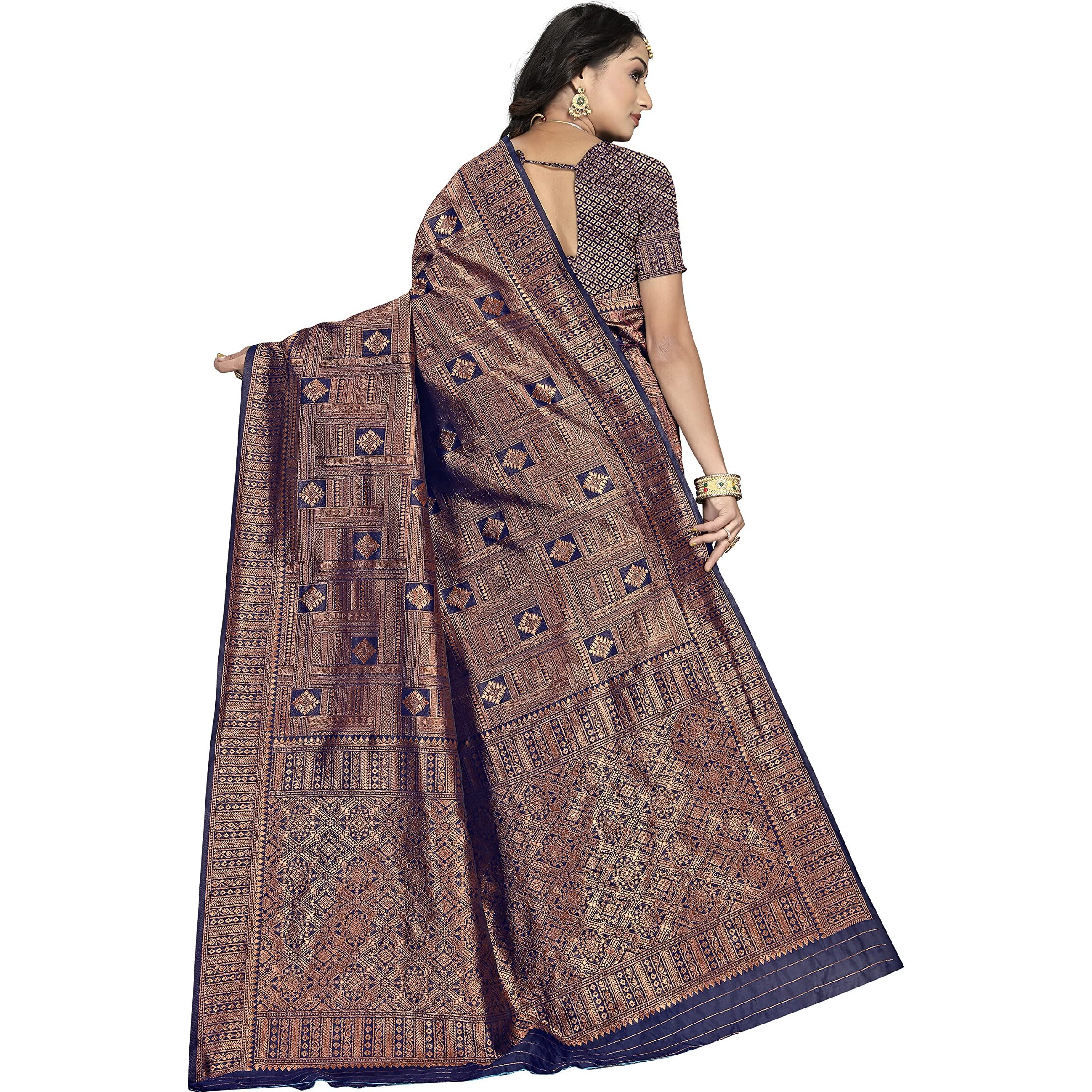 Sidhidata Womens Banarasi Jacquard Copper Zari Silk Saree With Unstitched Blouse Piece(Free Size) (Z Navy Blue)