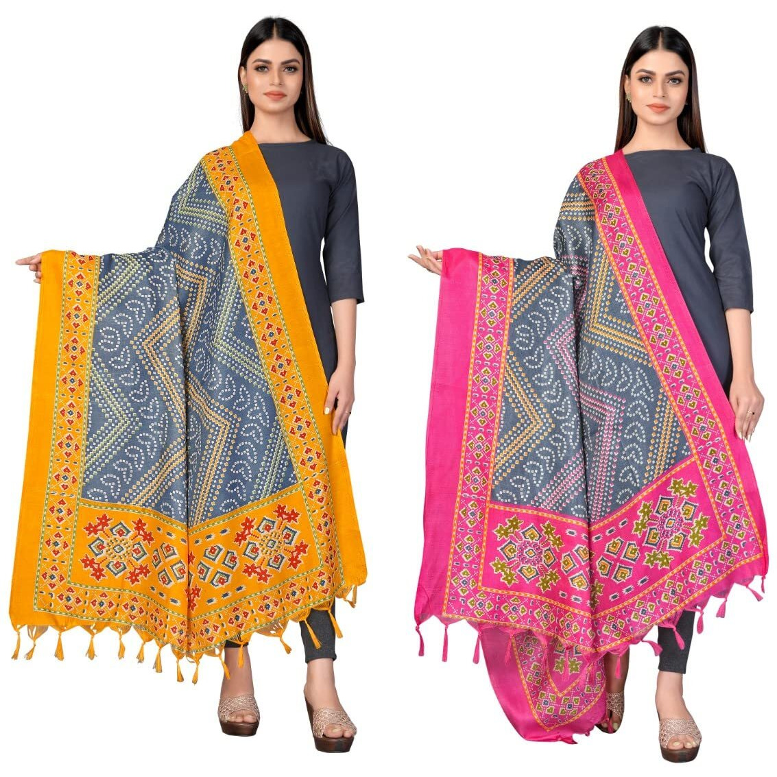 Sidhidata Womens Pack of 2 Printed Khadi Cotton Silk Dupatta With Tassels (2.25 Mtr_MultiColour)