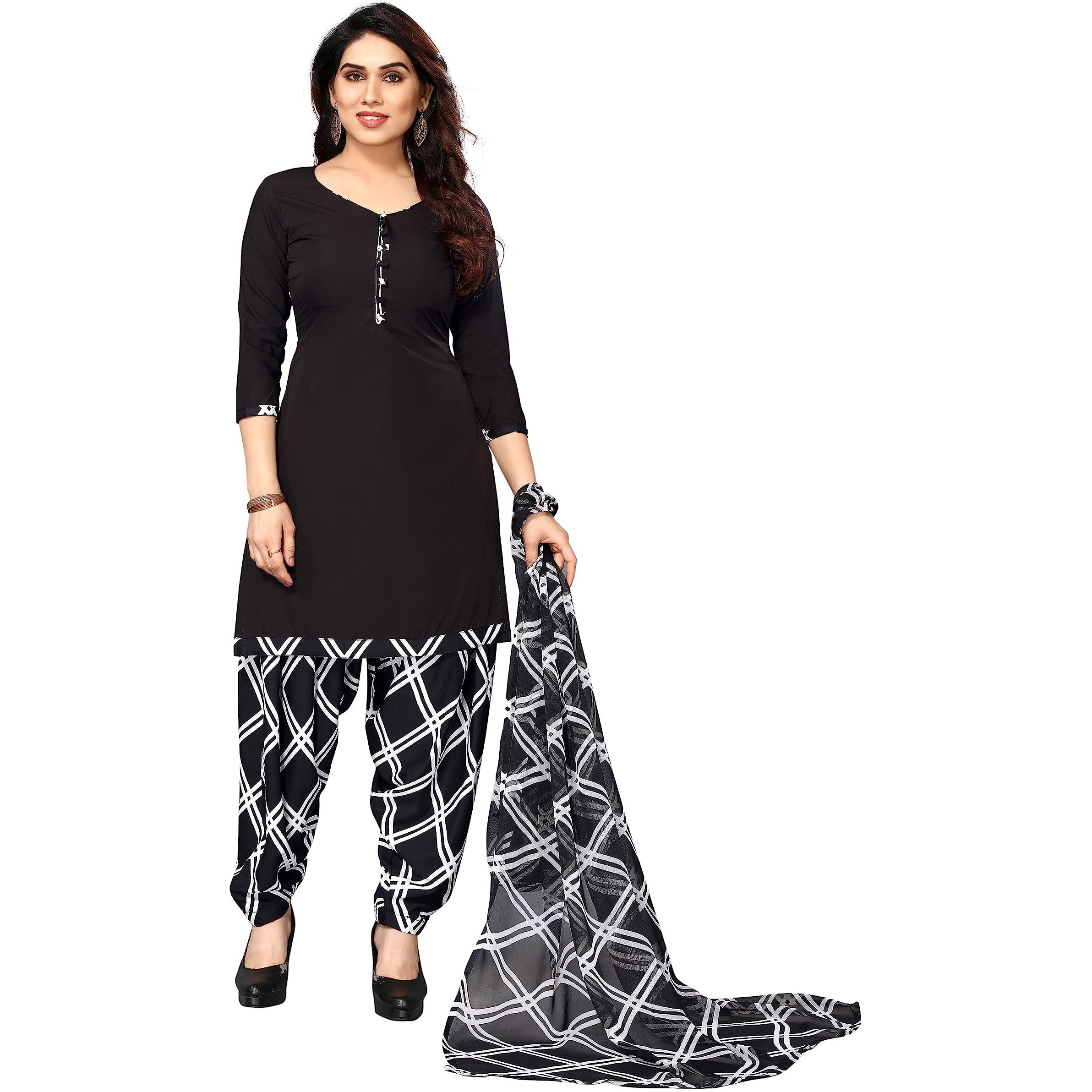 Sidhidata Womens Womens Crepe Printed Patiyala Salwar Suit Dress Material Suit (DM Blackk Chokdaa_Black_Unstitched)