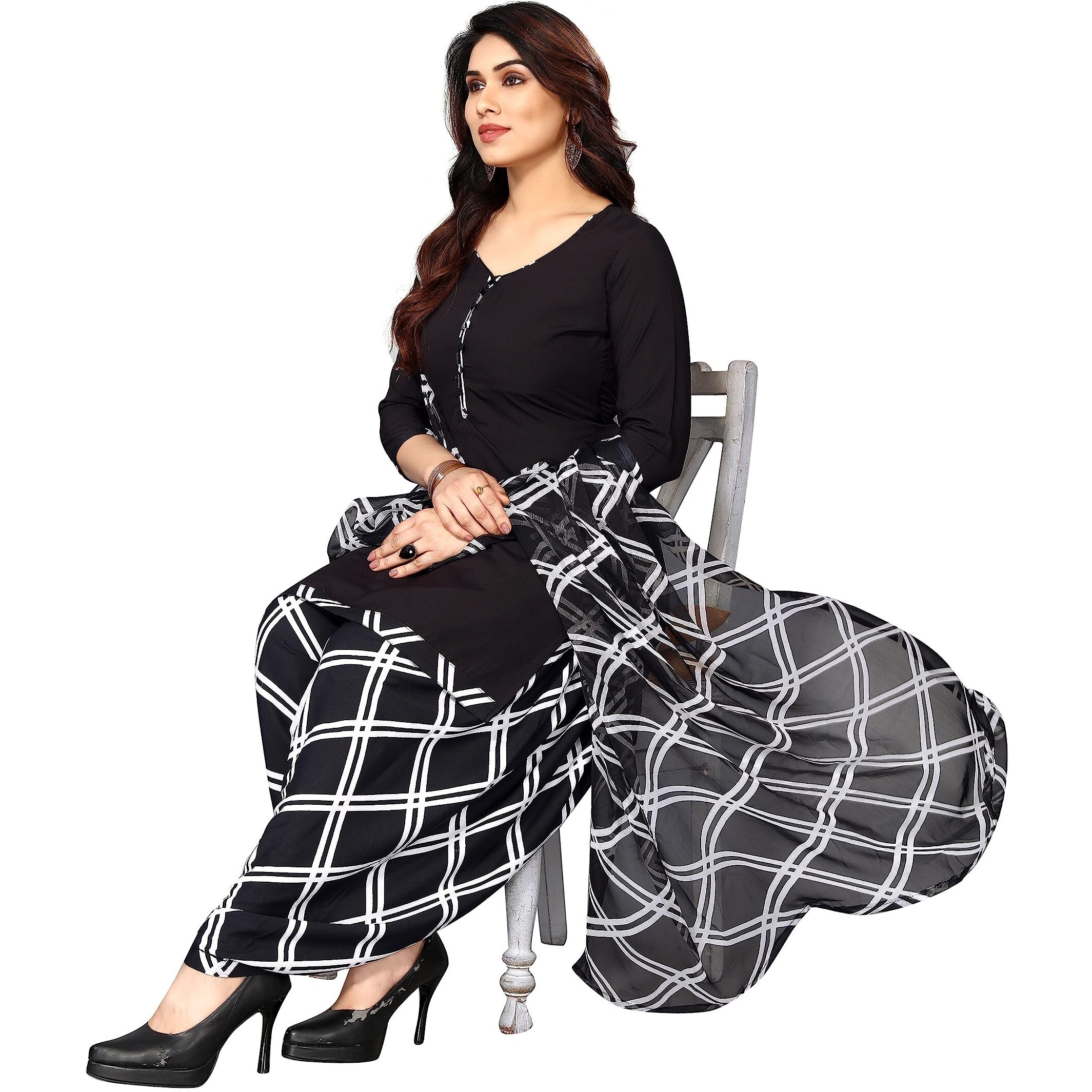Sidhidata Womens Womens Crepe Printed Patiyala Salwar Suit Dress Material Suit (DM Blackk Chokdaa_Black_Unstitched)