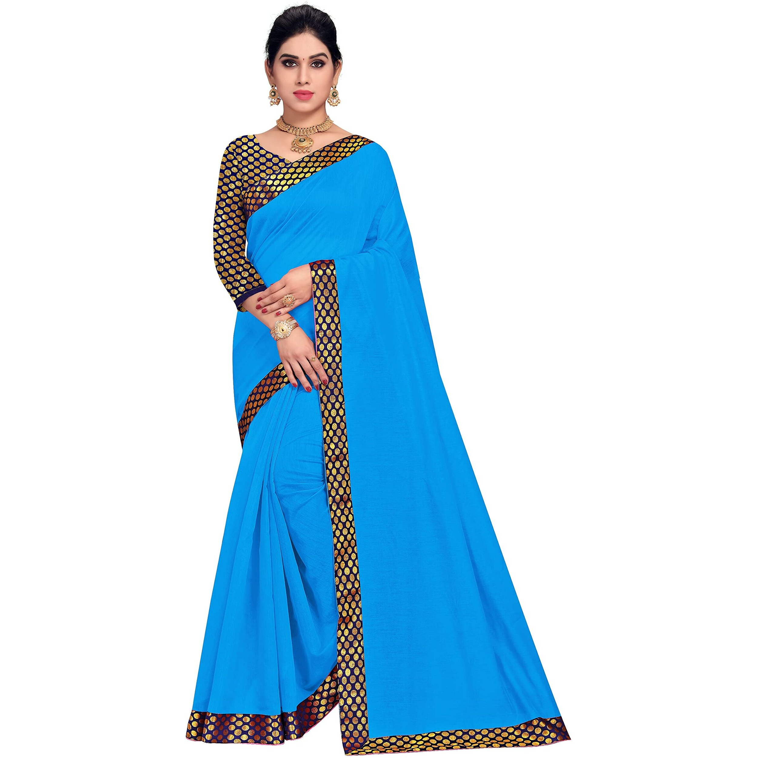 Sidhidata Womens Lace Bordered Chanderi Cotton Saree With Unstitched Blouse Piece (Sky Blue)