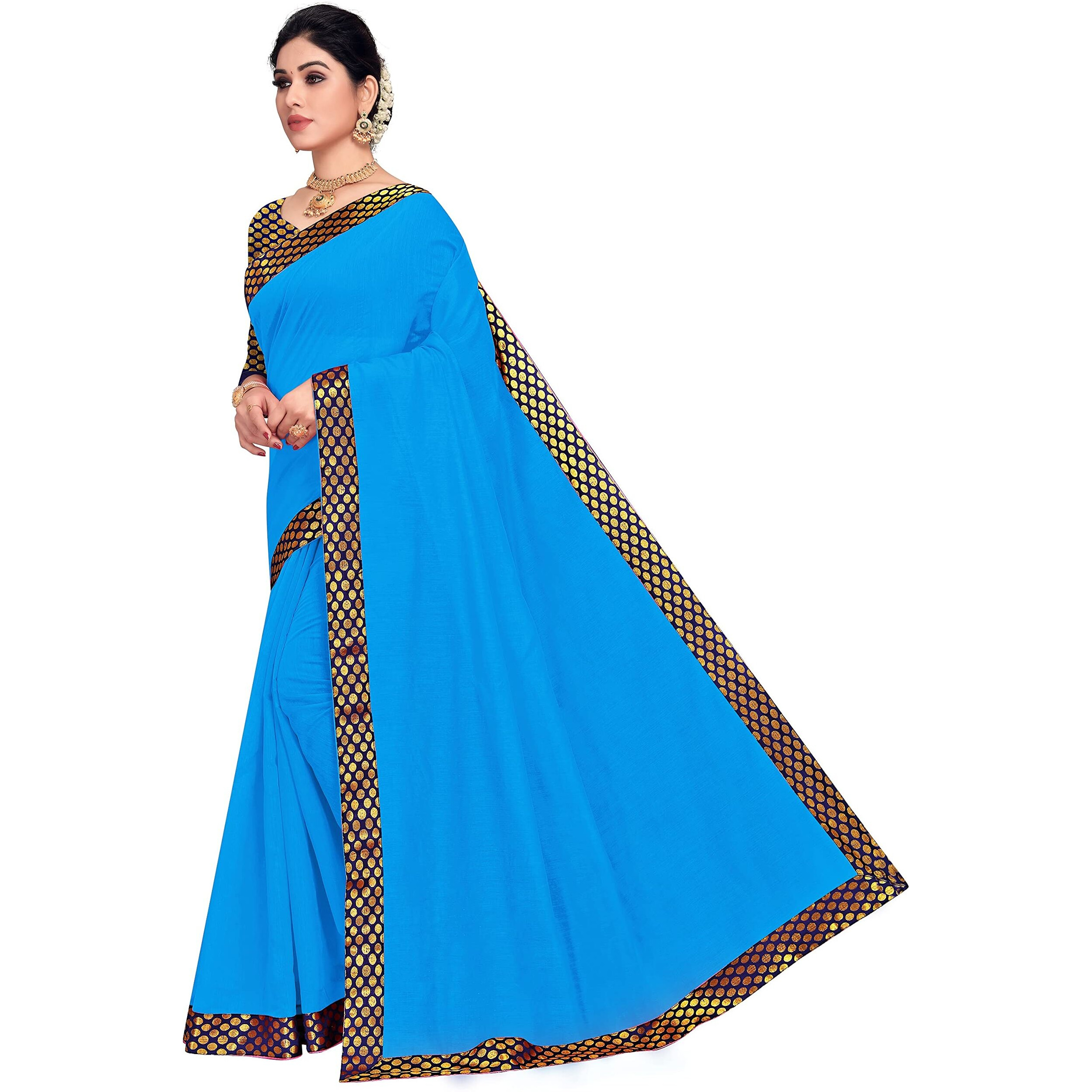 Sidhidata Womens Lace Bordered Chanderi Cotton Saree With Unstitched Blouse Piece (Sky Blue)