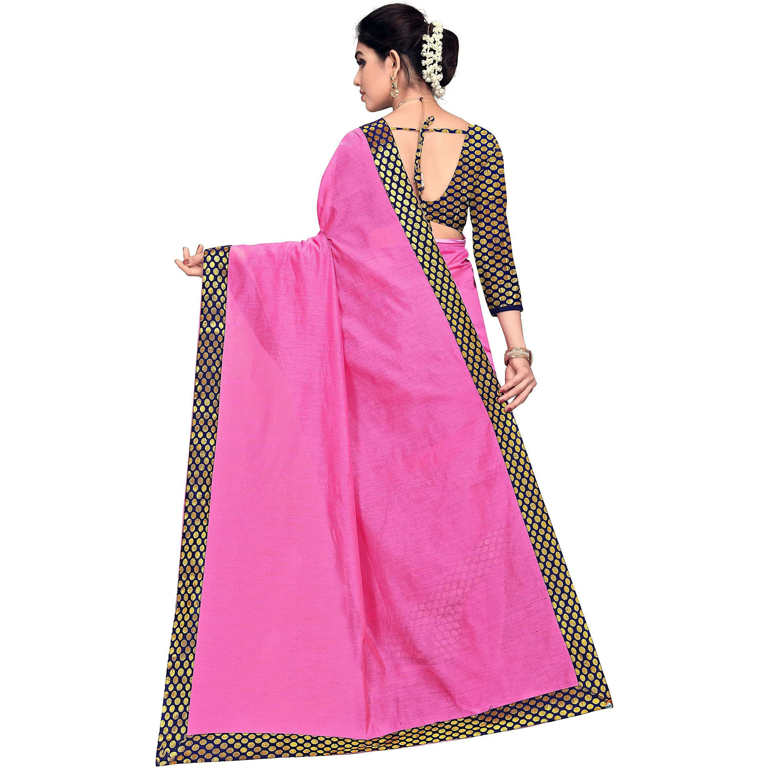 Sidhidata Womens Lace Bordered Chanderi Cotton Saree With Unstitched Blouse Piece (Goli Pink_Pink_Free Size)