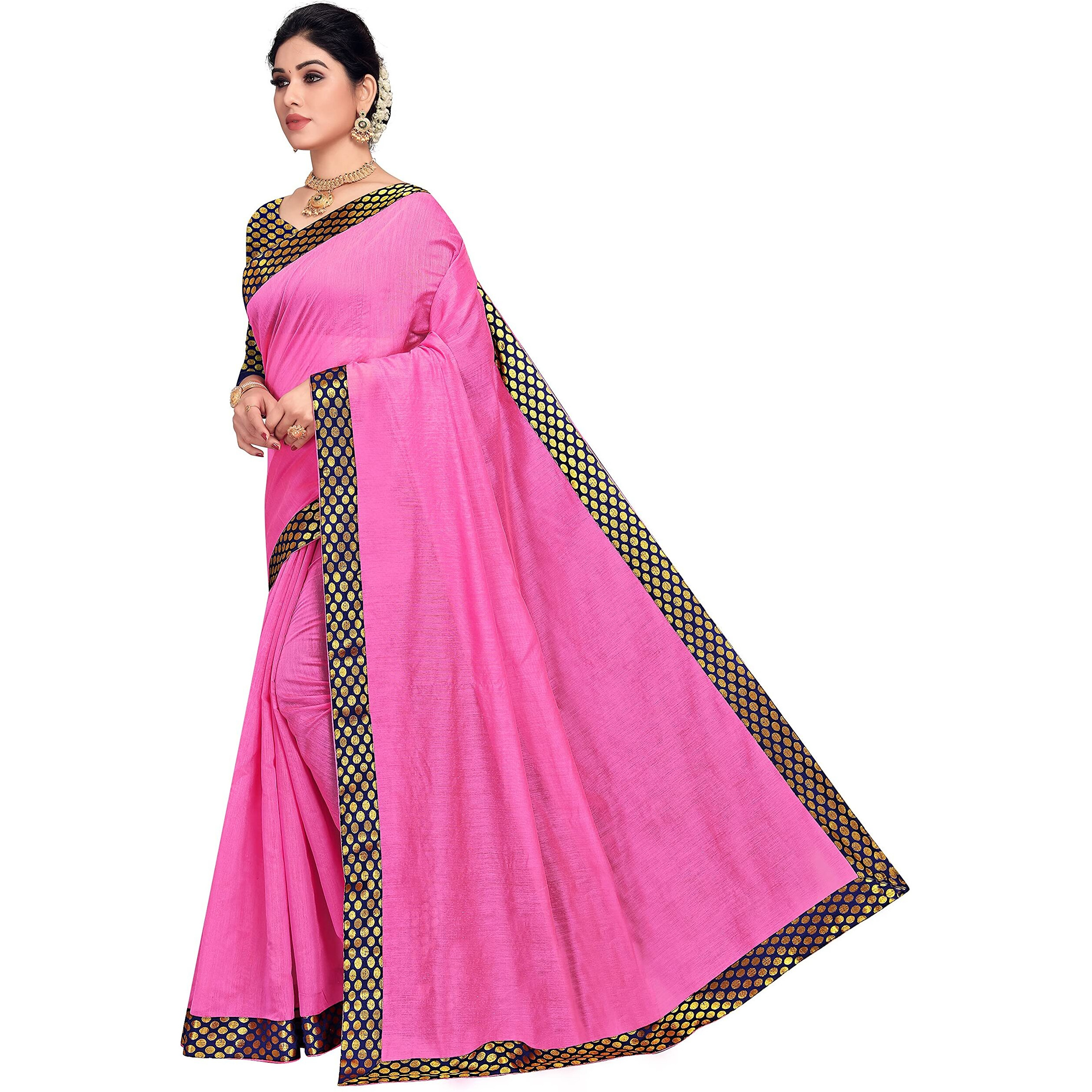 Sidhidata Womens Lace Bordered Chanderi Cotton Saree With Unstitched Blouse Piece (Goli Pink_Pink_Free Size)