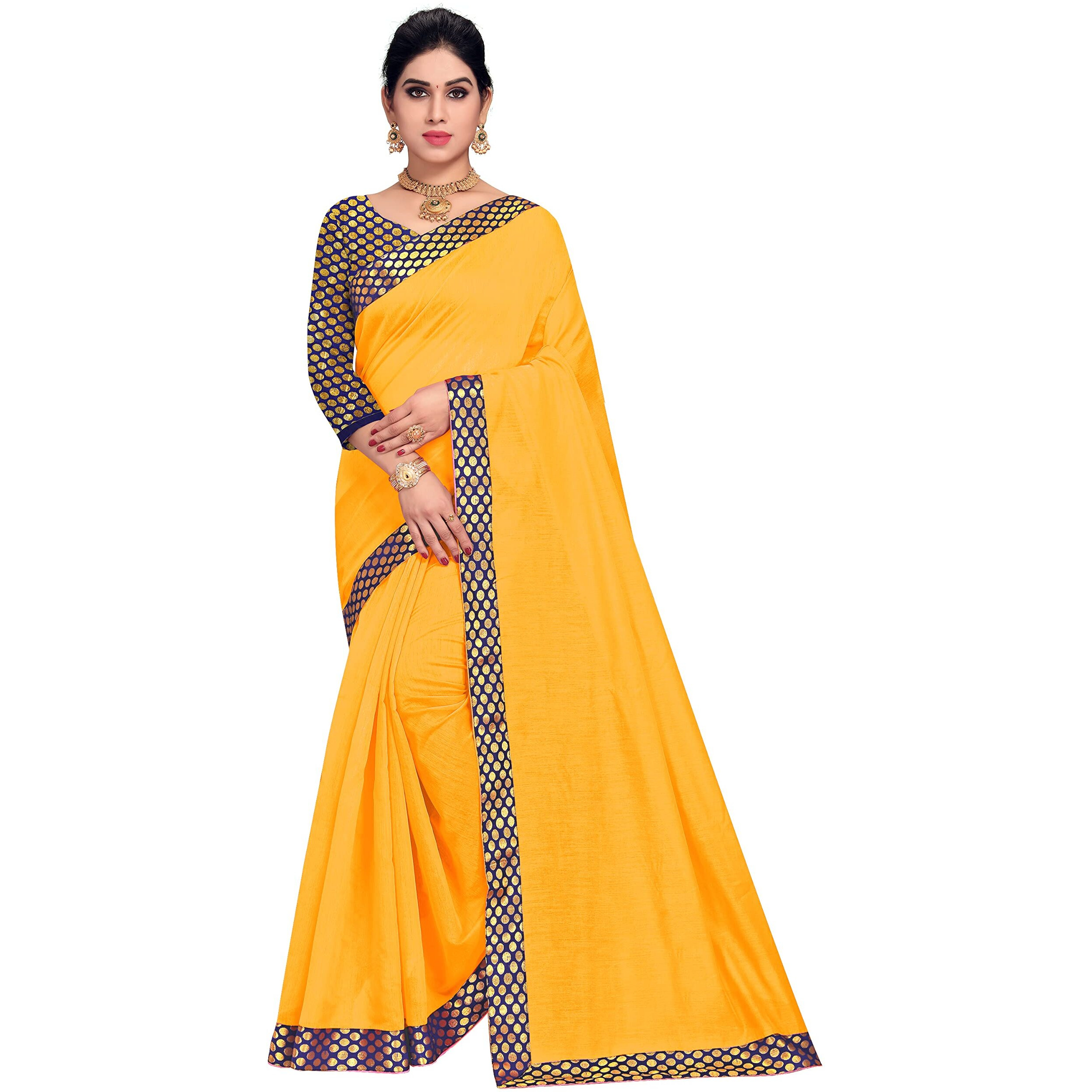 Sidhidata Womens Lace Bordered Chanderi Cotton Saree With Unstitched Blouse Piece (Gold)
