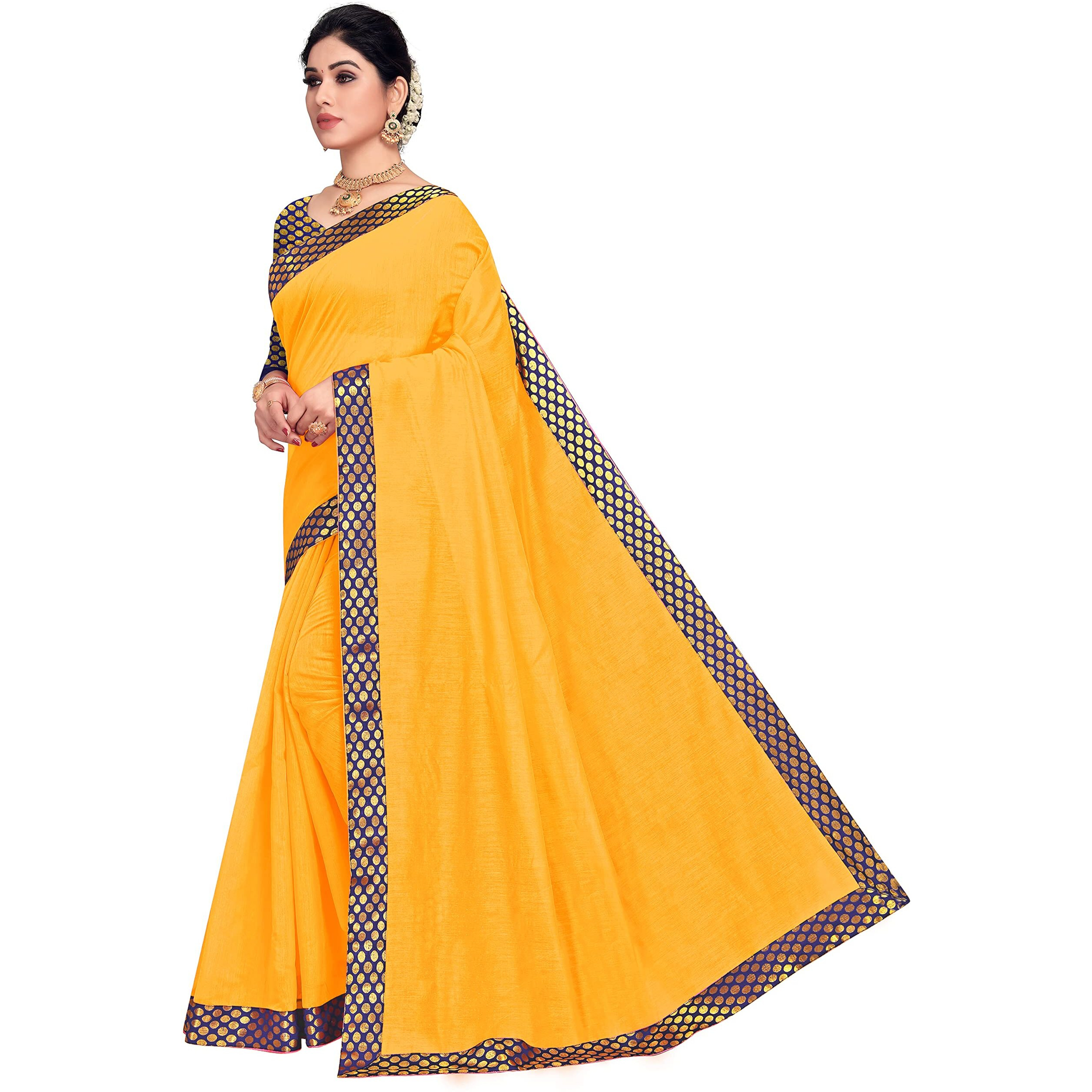 Sidhidata Womens Lace Bordered Chanderi Cotton Saree With Unstitched Blouse Piece (Gold)