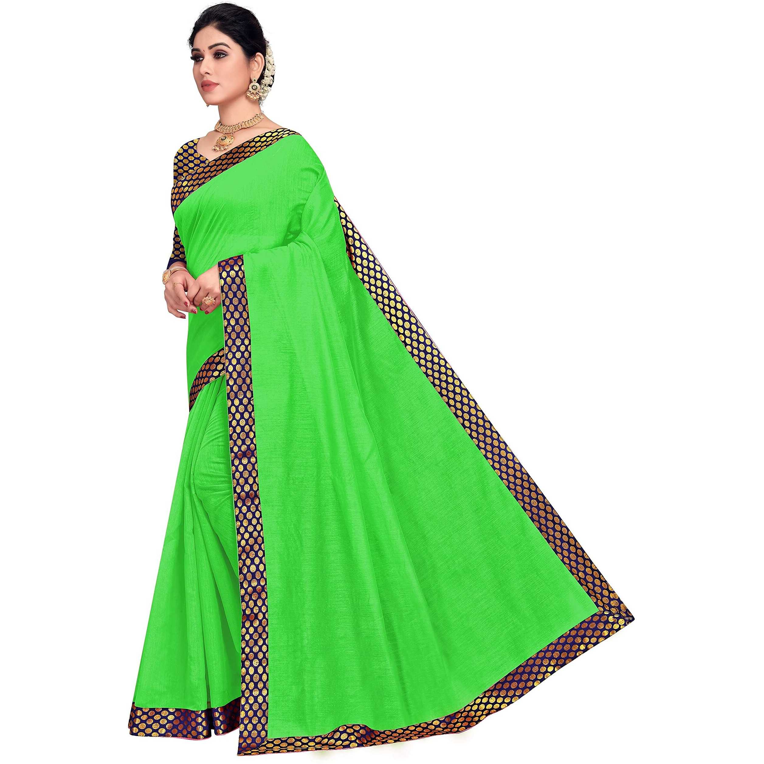 Sidhidata Womens Lace Bordered Chanderi Cotton Saree With Unstitched Blouse Piece (Green)