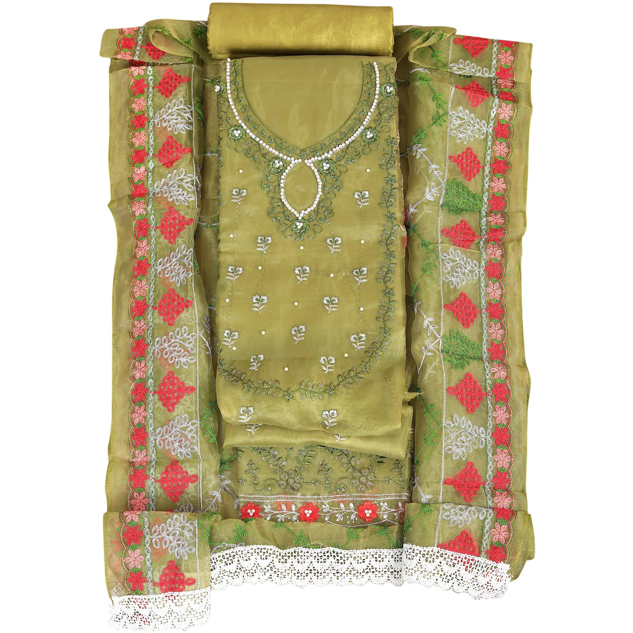 Sidhidata Womens Heavy Organza Embroidery Work Unstitched Salwar Suit Dress Material With Embroidered Work Dupatta (Ayeshaa Green_Green_Free Size)