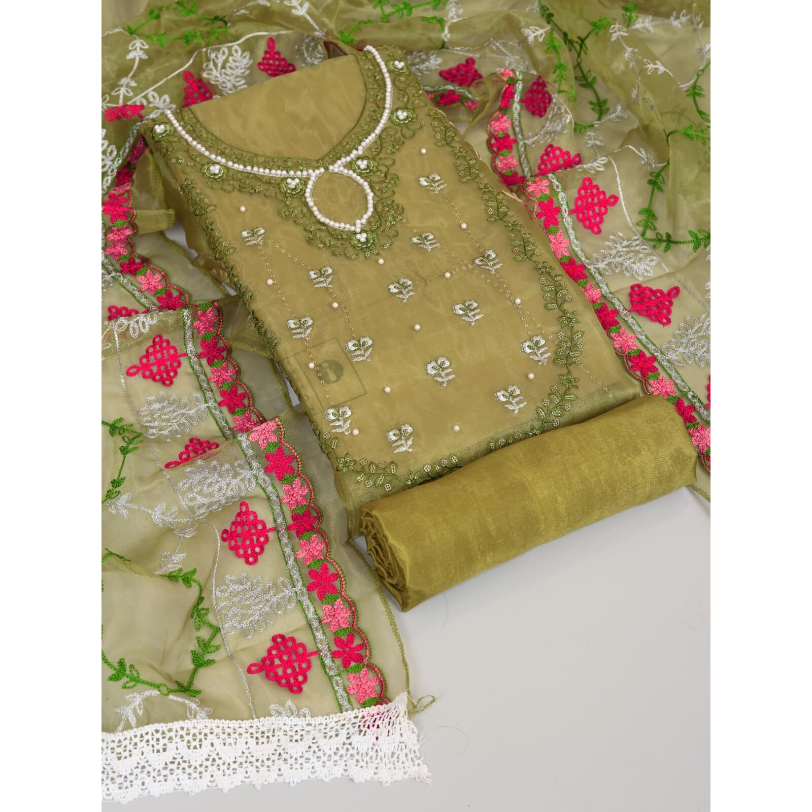 Sidhidata Womens Heavy Organza Embroidery Work Unstitched Salwar Suit Dress Material With Embroidered Work Dupatta (Ayeshaa Green_Green_Free Size)