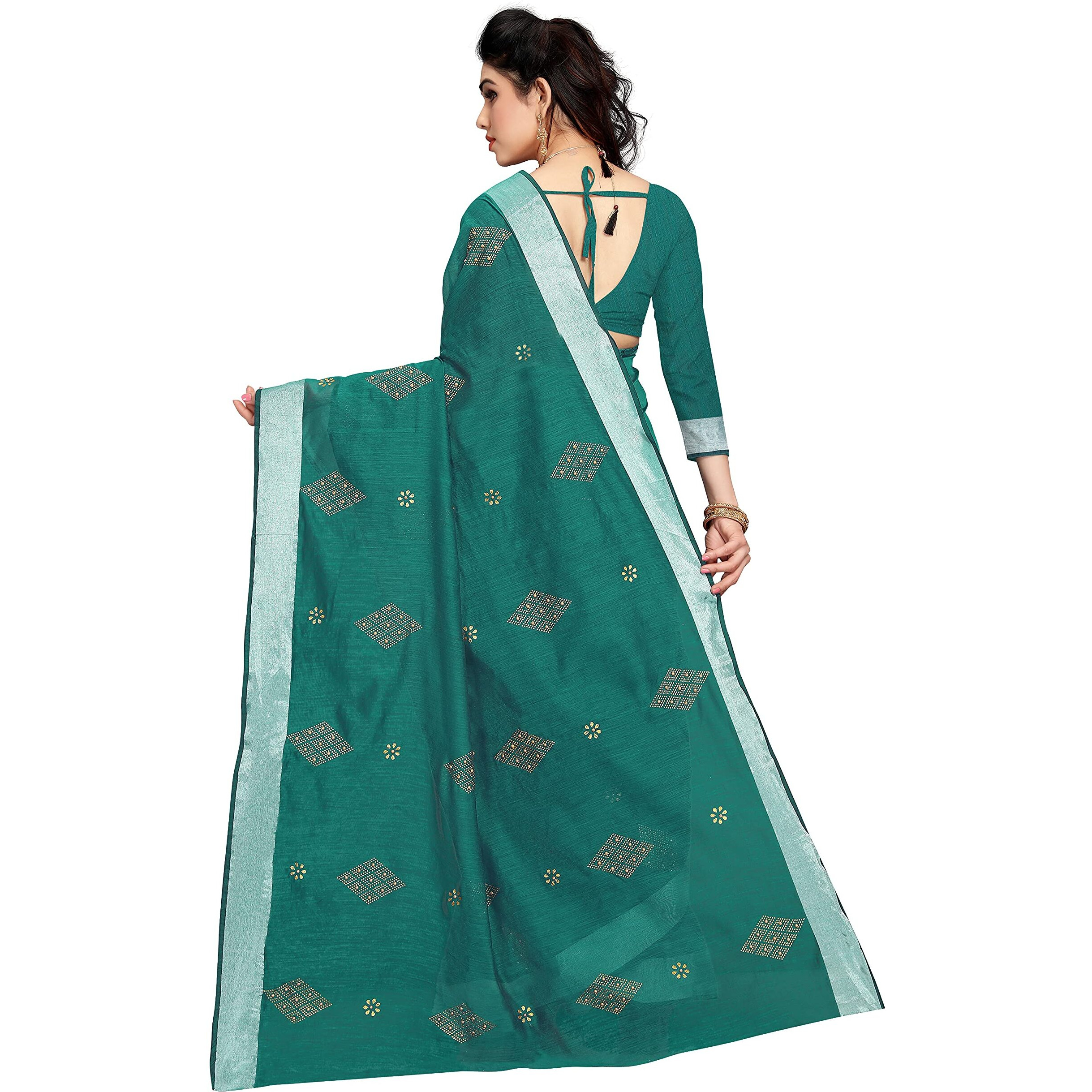 Sidhidata Textile Womens Cotton Silk HotFix Diamond Work Saree With Unstitched Blouse Piece (Rama)