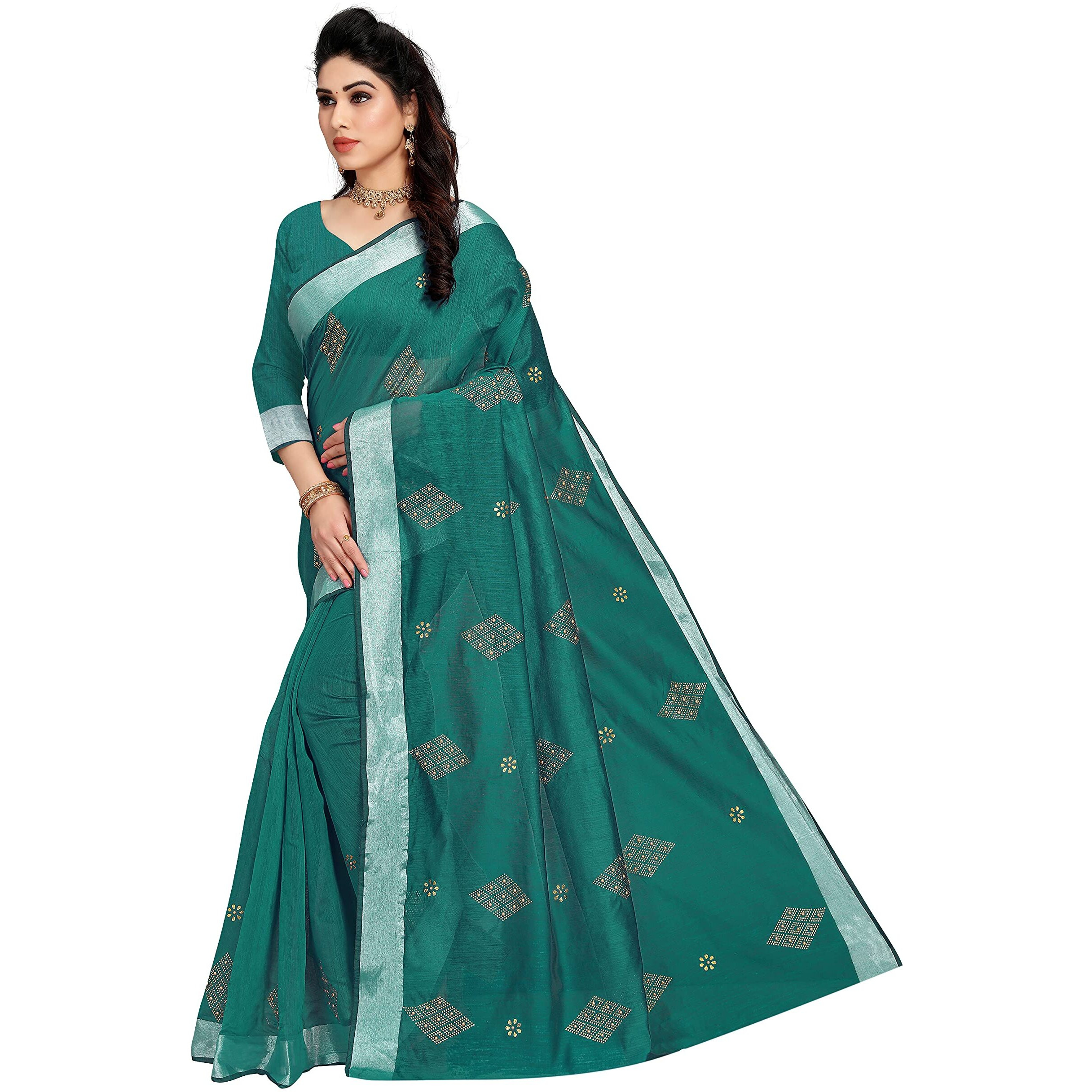 Sidhidata Textile Womens Cotton Silk HotFix Diamond Work Saree With Unstitched Blouse Piece (Rama)