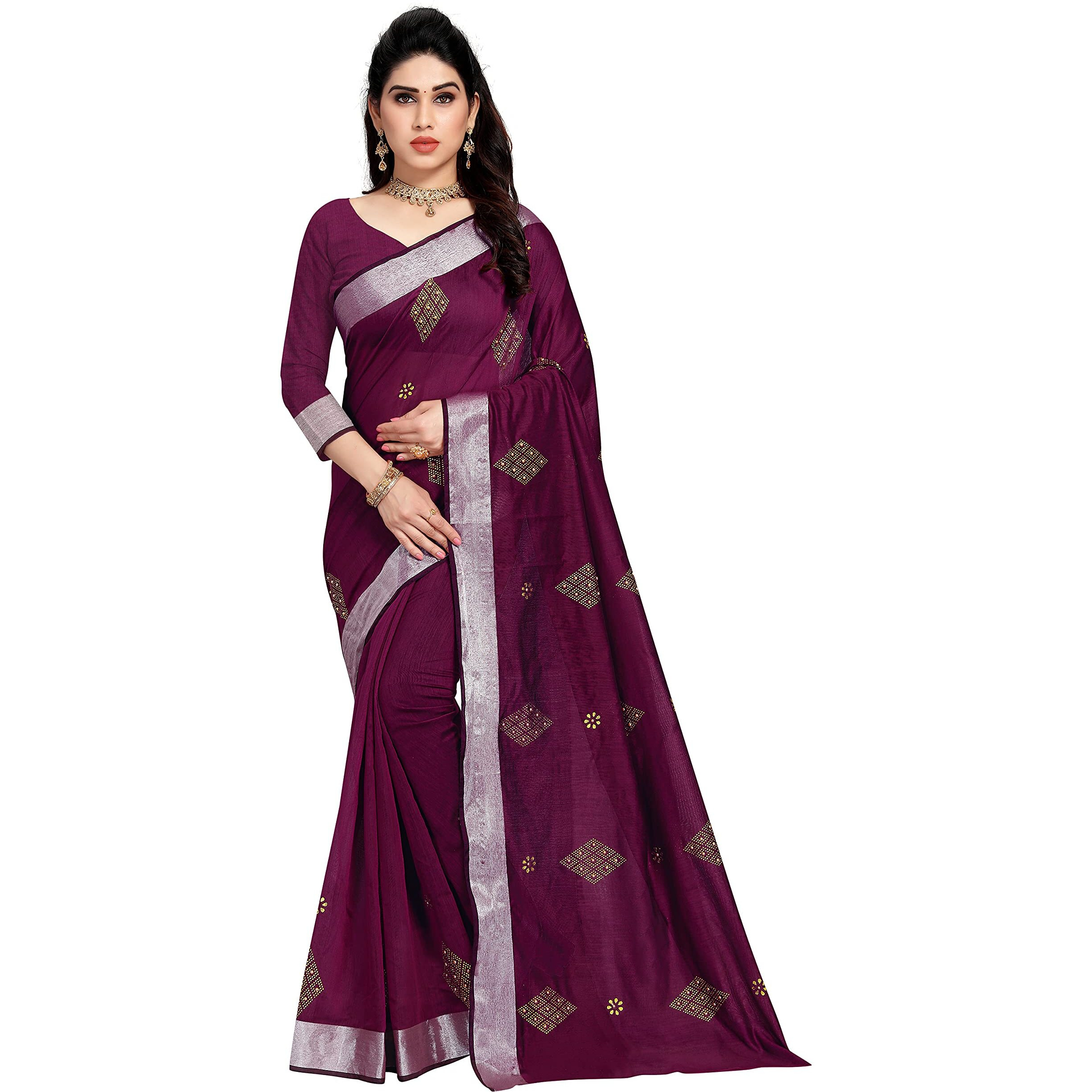 Sidhidata Textile Womens Cotton Silk HotFix Diamond Work Saree With Unstitched Blouse Piece (Jamliii)