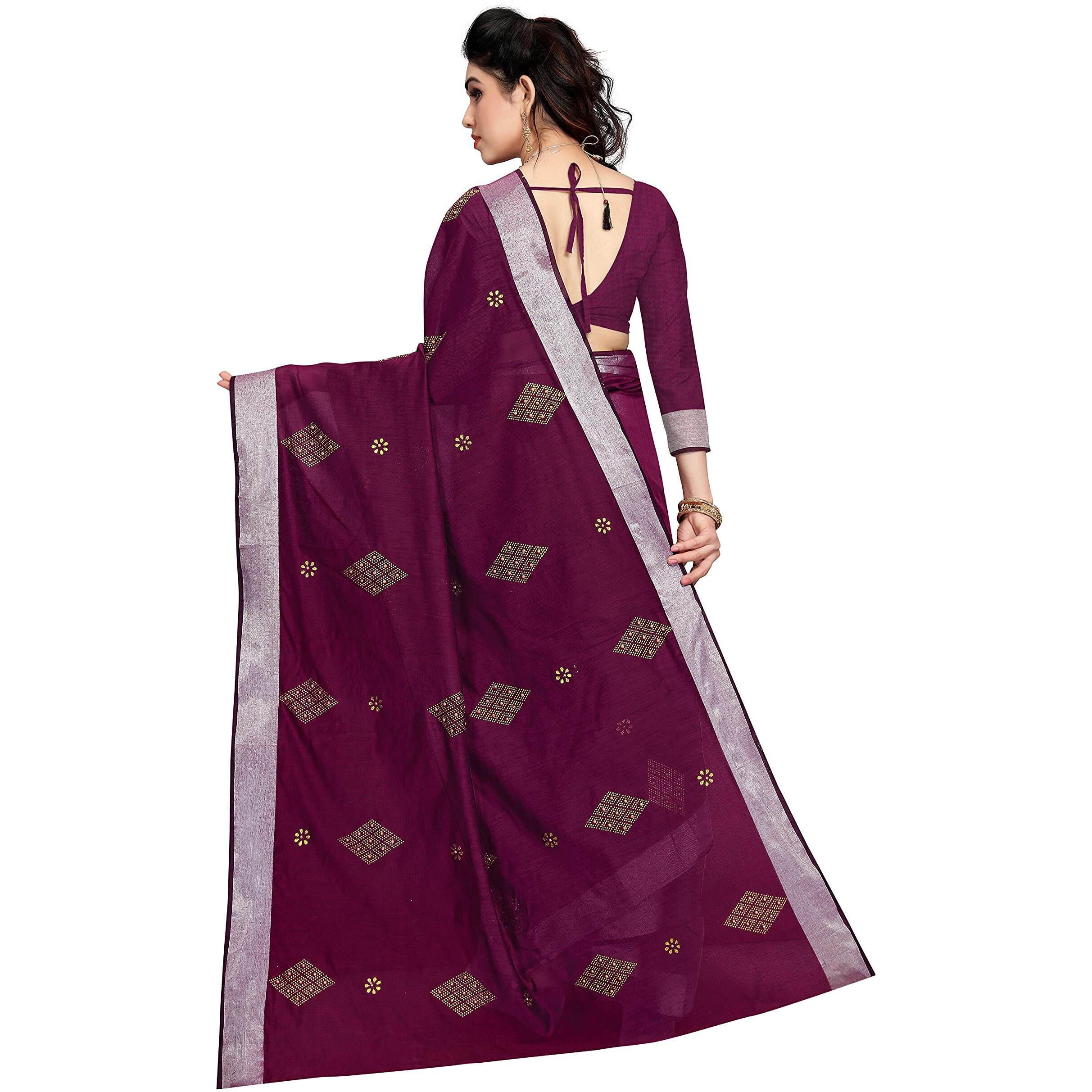 Sidhidata Textile Womens Cotton Silk HotFix Diamond Work Saree With Unstitched Blouse Piece (Jamliii)