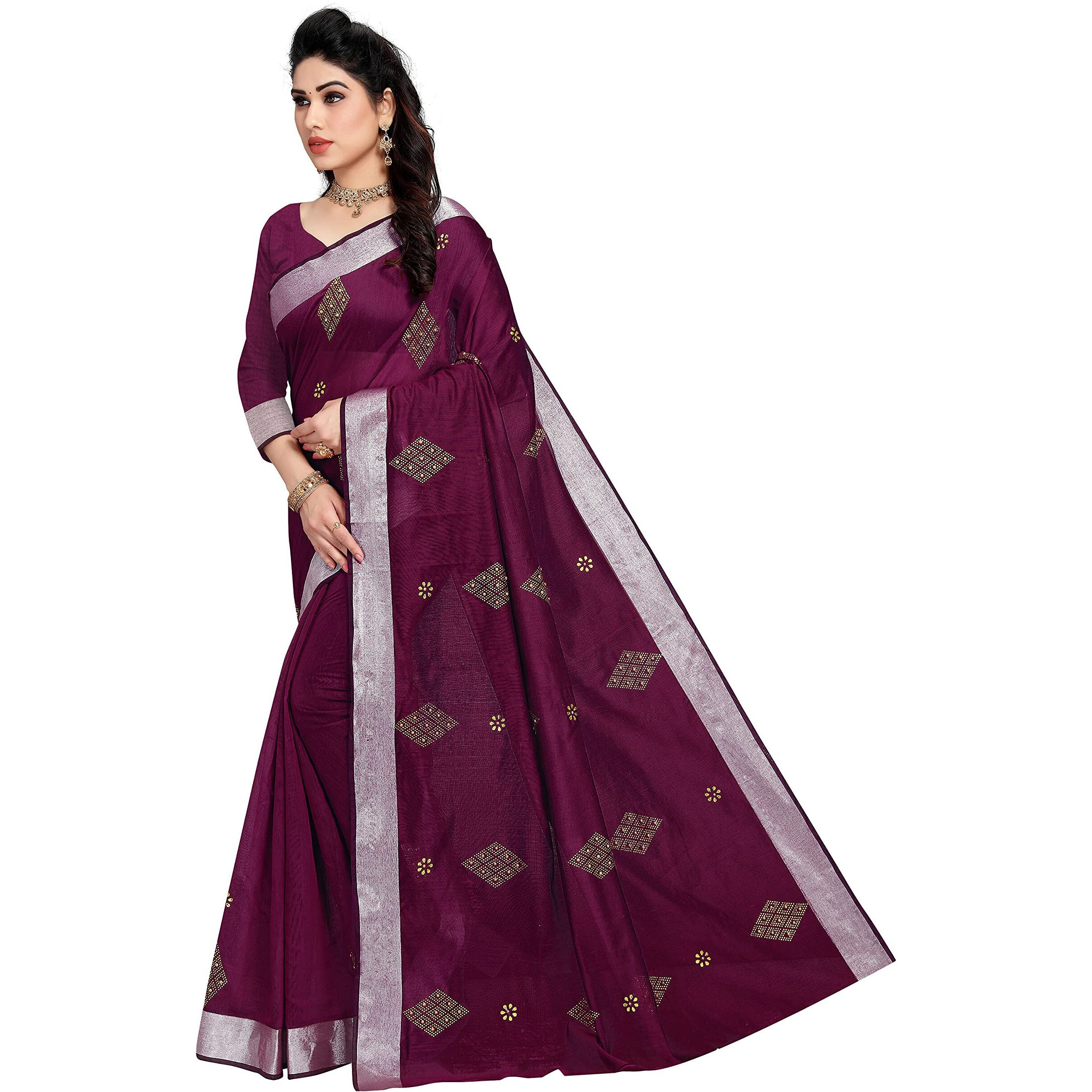 Sidhidata Textile Womens Cotton Silk HotFix Diamond Work Saree With Unstitched Blouse Piece (Jamliii)