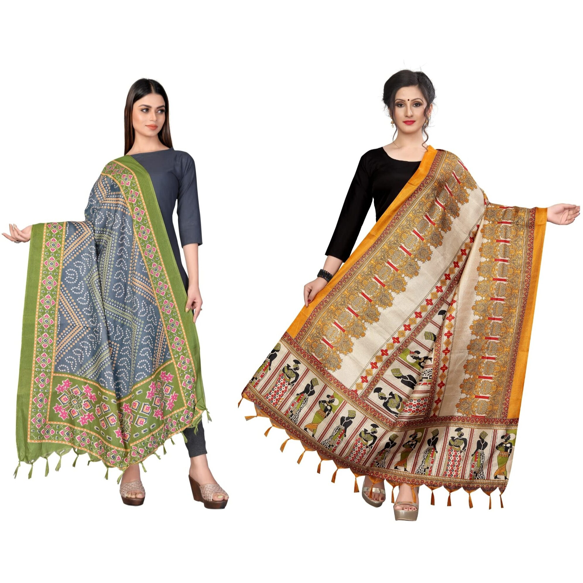 Sidhidata Womens Pack of 2 Printed Khadi Cotton Silk Dupatta With Tassels (2.25 Mtr_MultiColour)