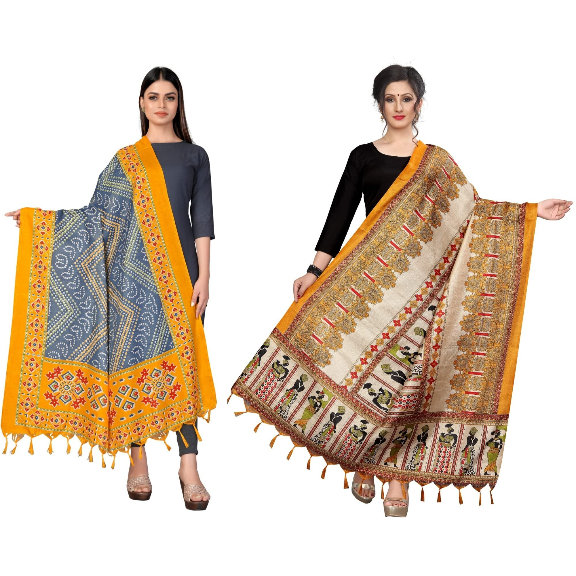 Sidhidata Womens Pack of 2 Printed Khadi Cotton Silk Dupatta With Tassels (2.25 Mtr_MultiColour)
