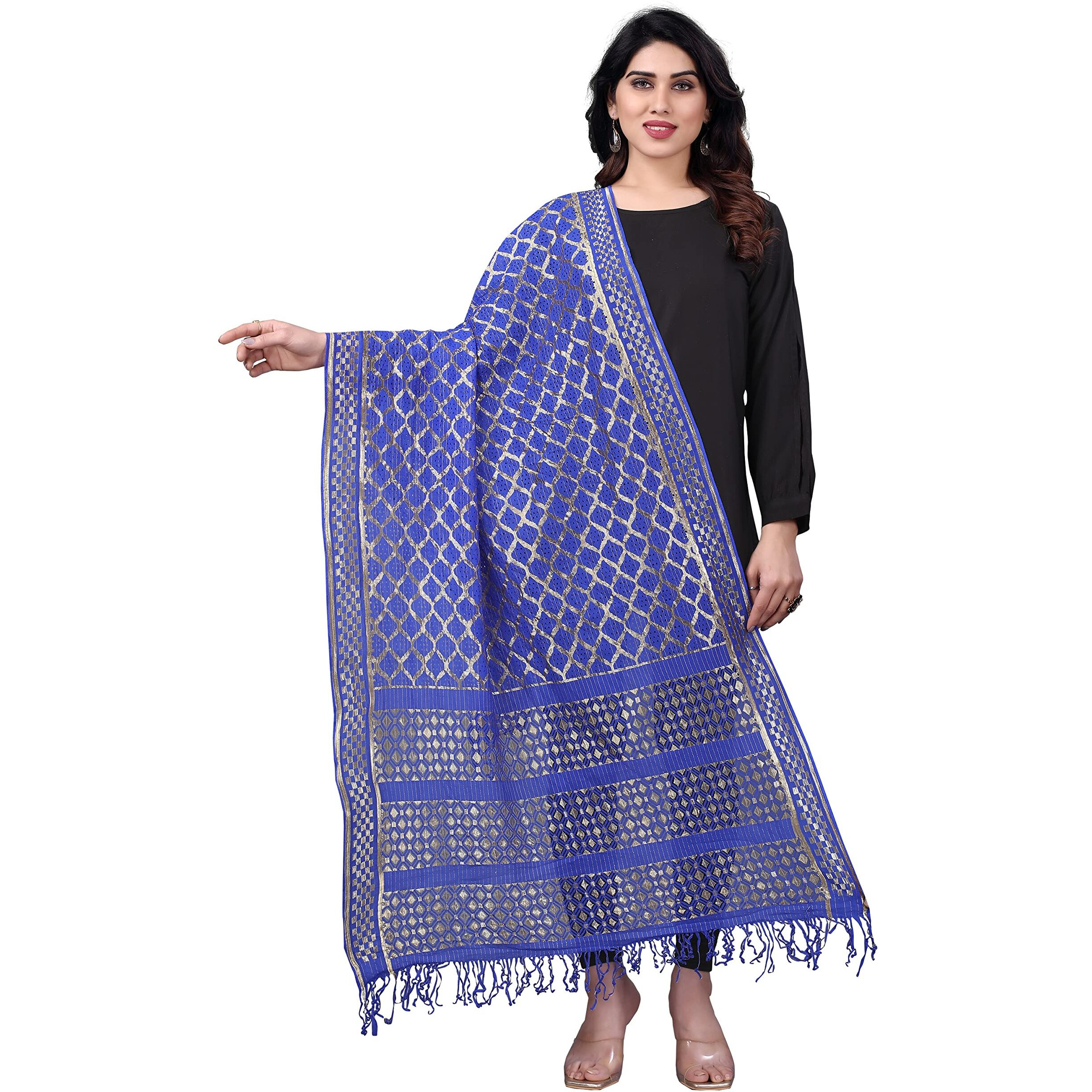 Sidhidata Womens Rasal Net Dupatta With Gold Zari Work (2.25 Mtr) (Royal Blue)