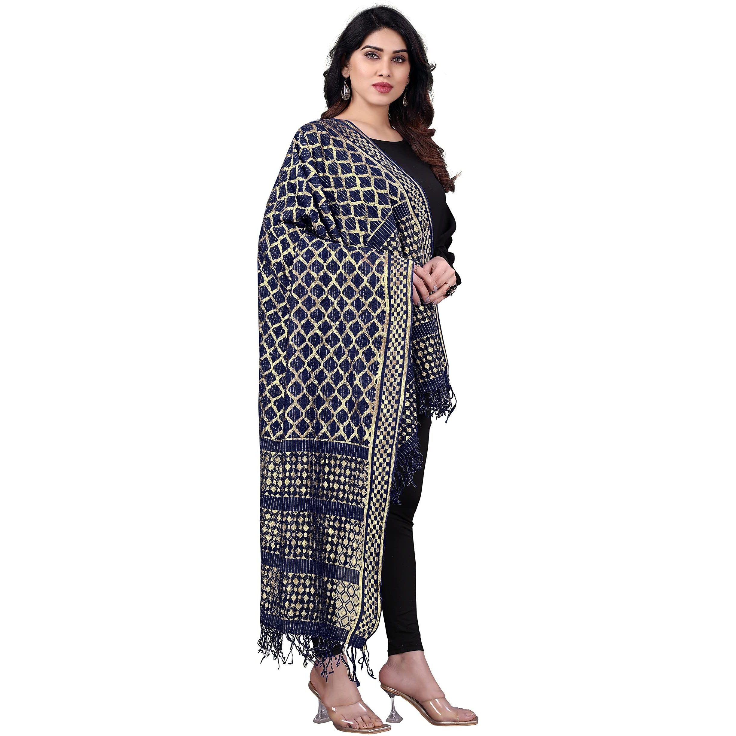 Sidhidata Womens Rasal Net Dupatta With Gold Zari Work (Navy Blue), Free Size