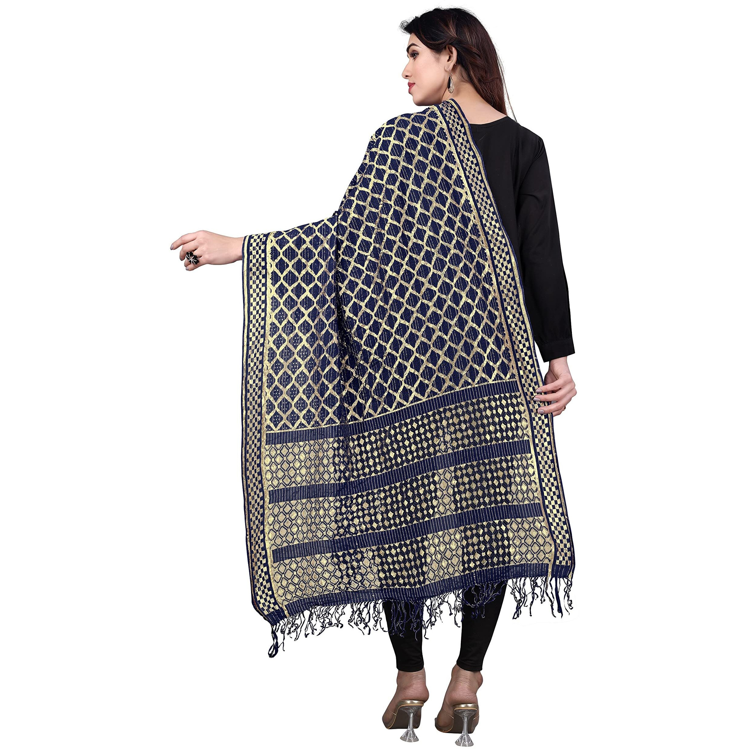 Sidhidata Womens Rasal Net Dupatta With Gold Zari Work (Navy Blue), Free Size