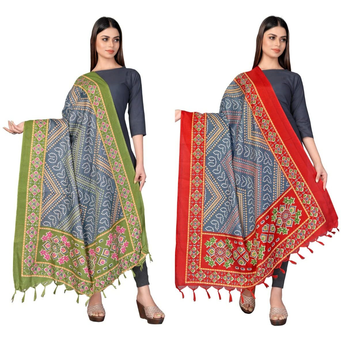 Sidhidata Womens Pack of 2 Printed Khadi Cotton Silk Dupatta With Tassels (2.25 Mtr_MultiColour)