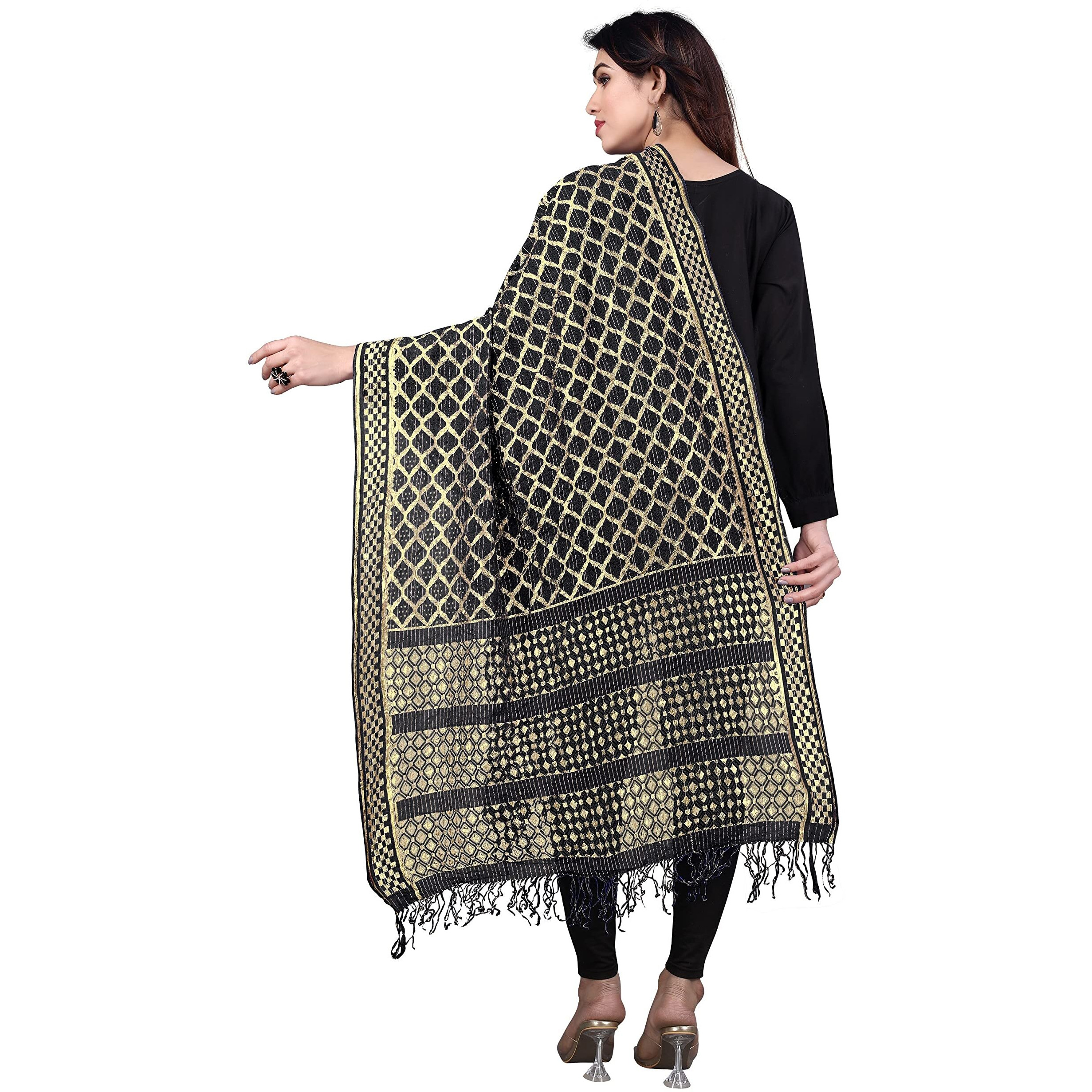 Sidhidata Womens Rasal Net Dupatta With Gold Zari Work (Black)