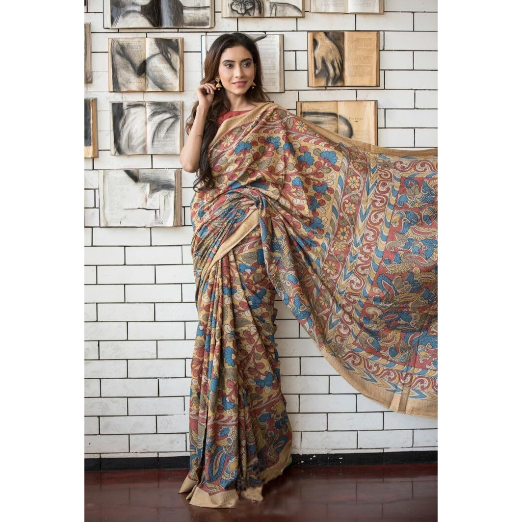 Sidhidata Womens Printed Linen Cotton Saree With Unstitched Blouse Piece (ST Jackpot Chiku_Chiku_Free Size)