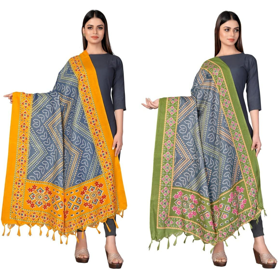 Sidhidata Womens Pack of 2 Printed Khadi Cotton Silk Dupatta With Tassels (2.25 Mtr_MultiColour)